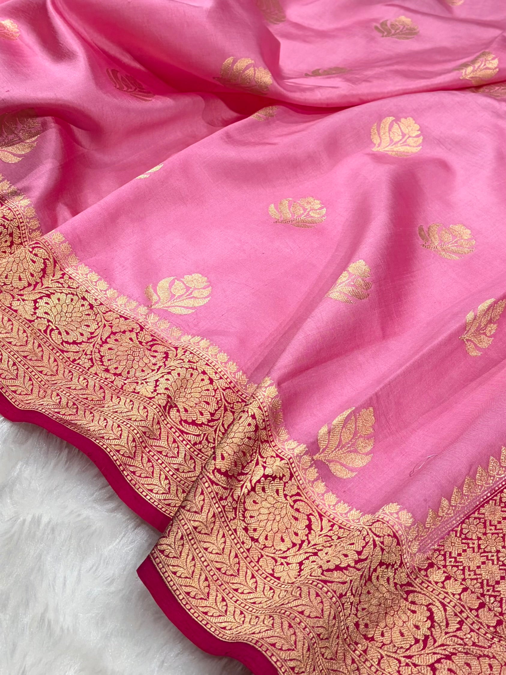 Banarasi Baby Pink With Wine Contrast Shades Handwoven Pure Paper Silk Saree RM-91