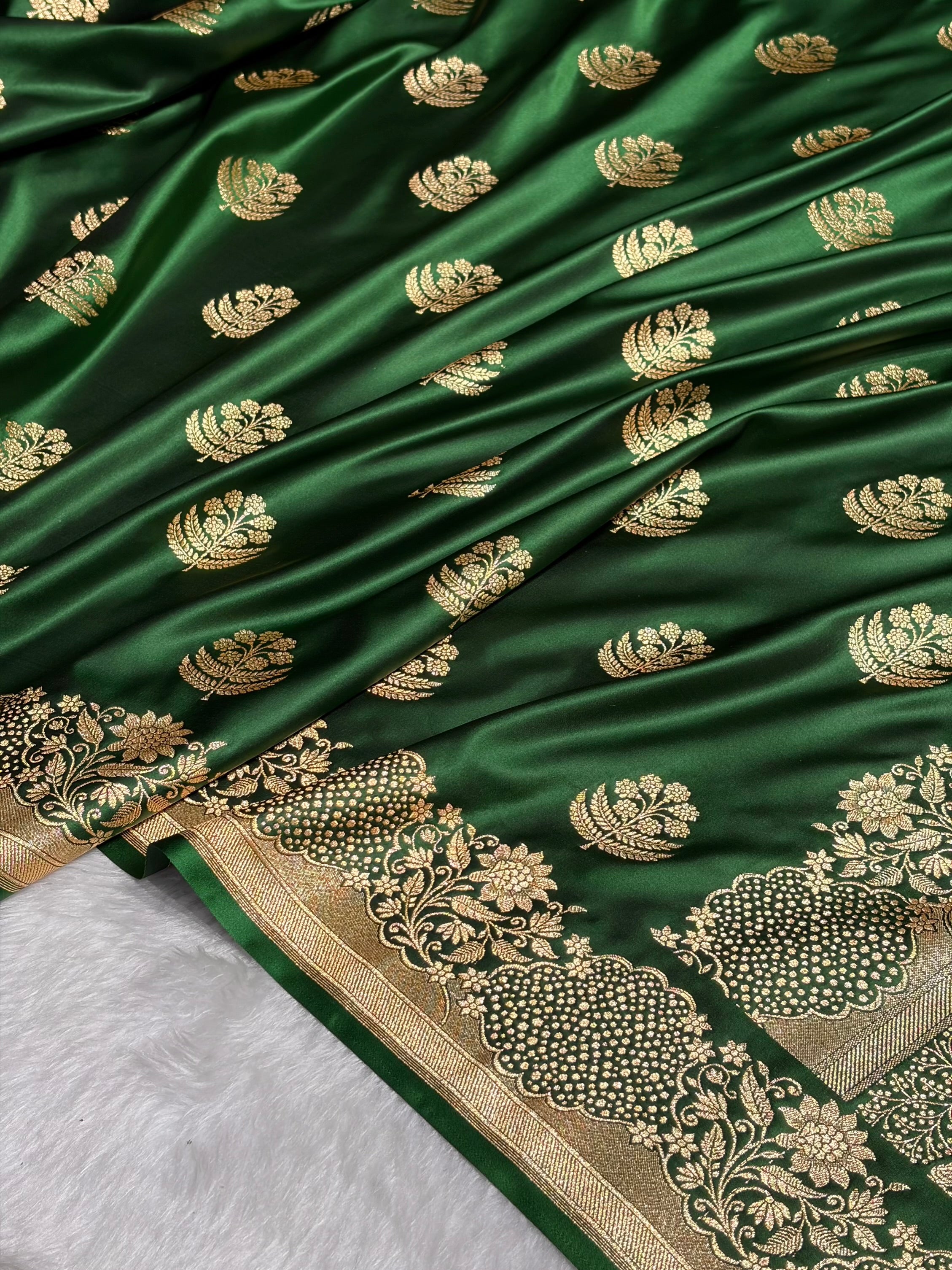Bottle Green Unique Boota Pattern Satin Katan Silk Saree SK70