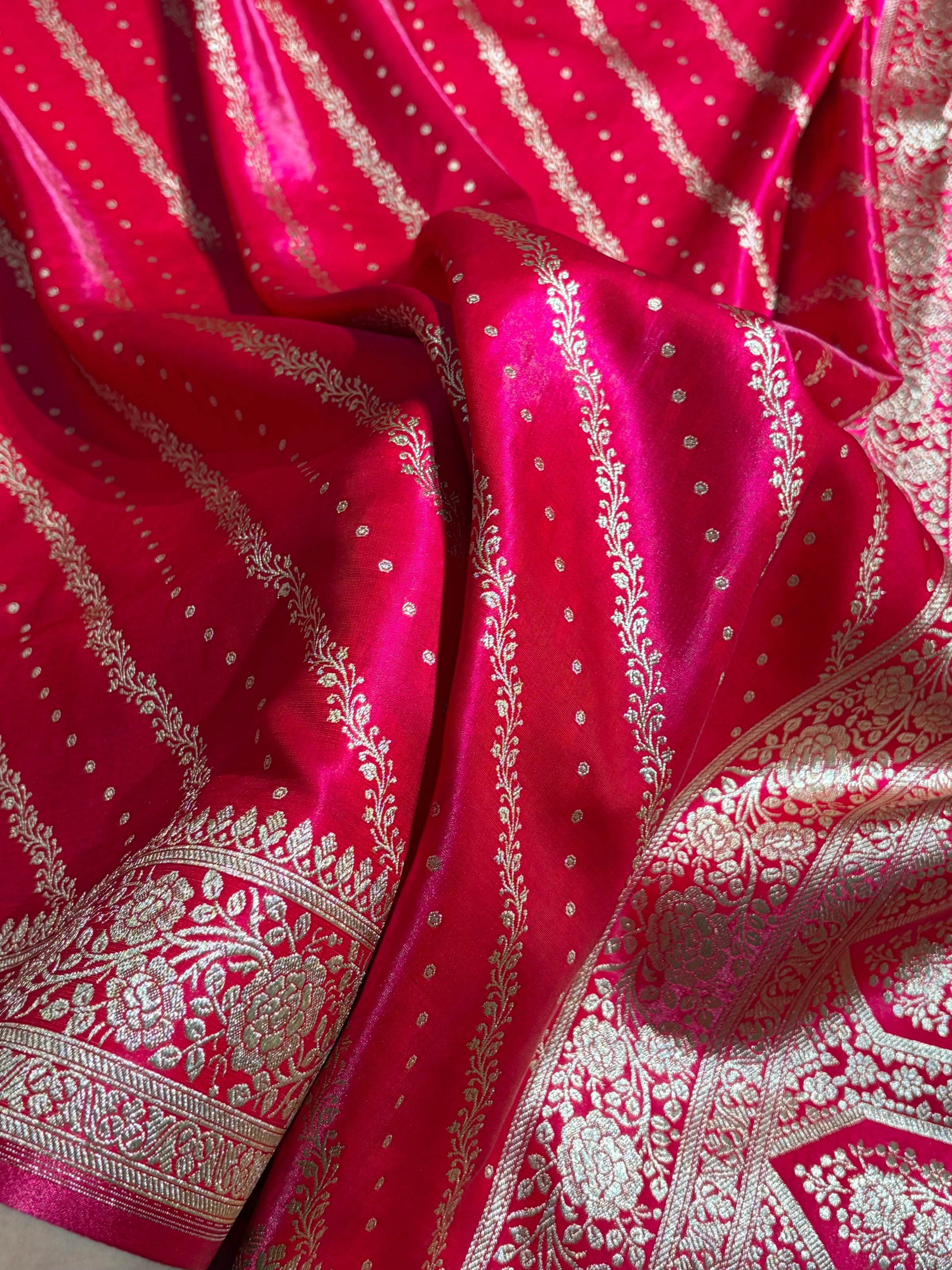 Banarasi Cross Rani Shades Cross Pattern Banarasi Satin Silk Saree SS61