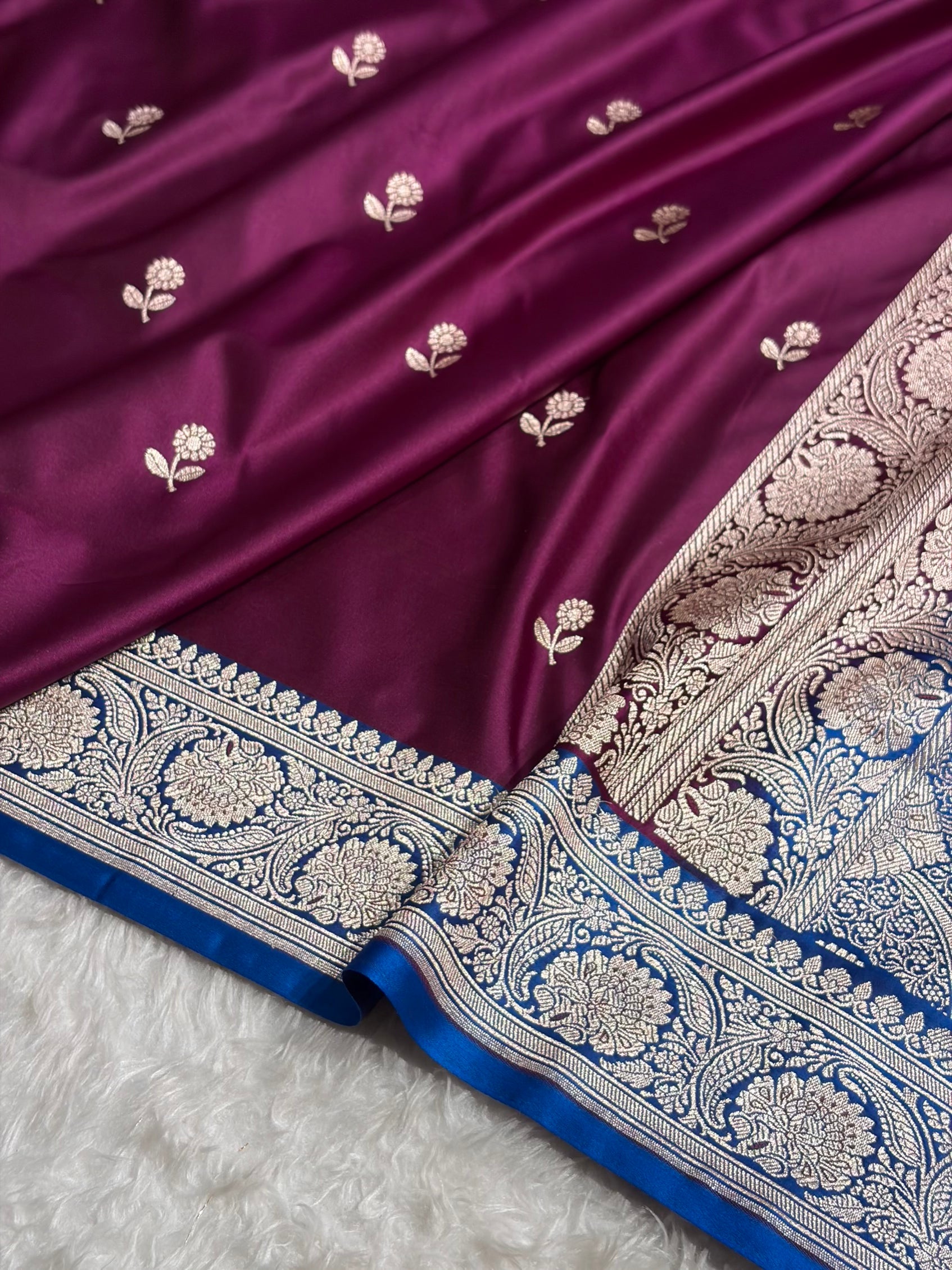 Wine / Royal Blue Shades Banarasi Booti Pattern Mashru Silk Saree MSM-137
