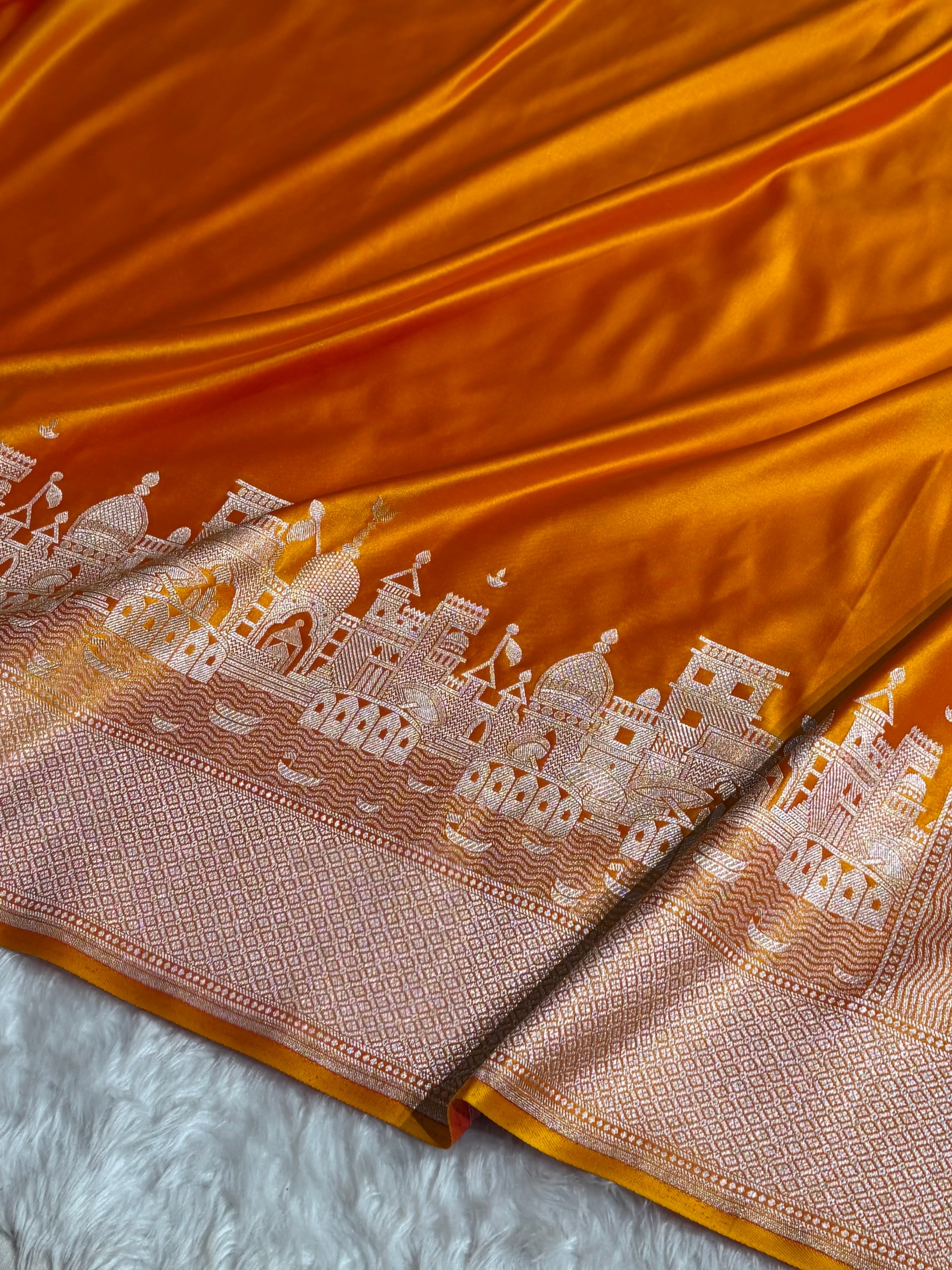 Orange Shades Ghat Pattern Satin Katan Silk Saree SK19