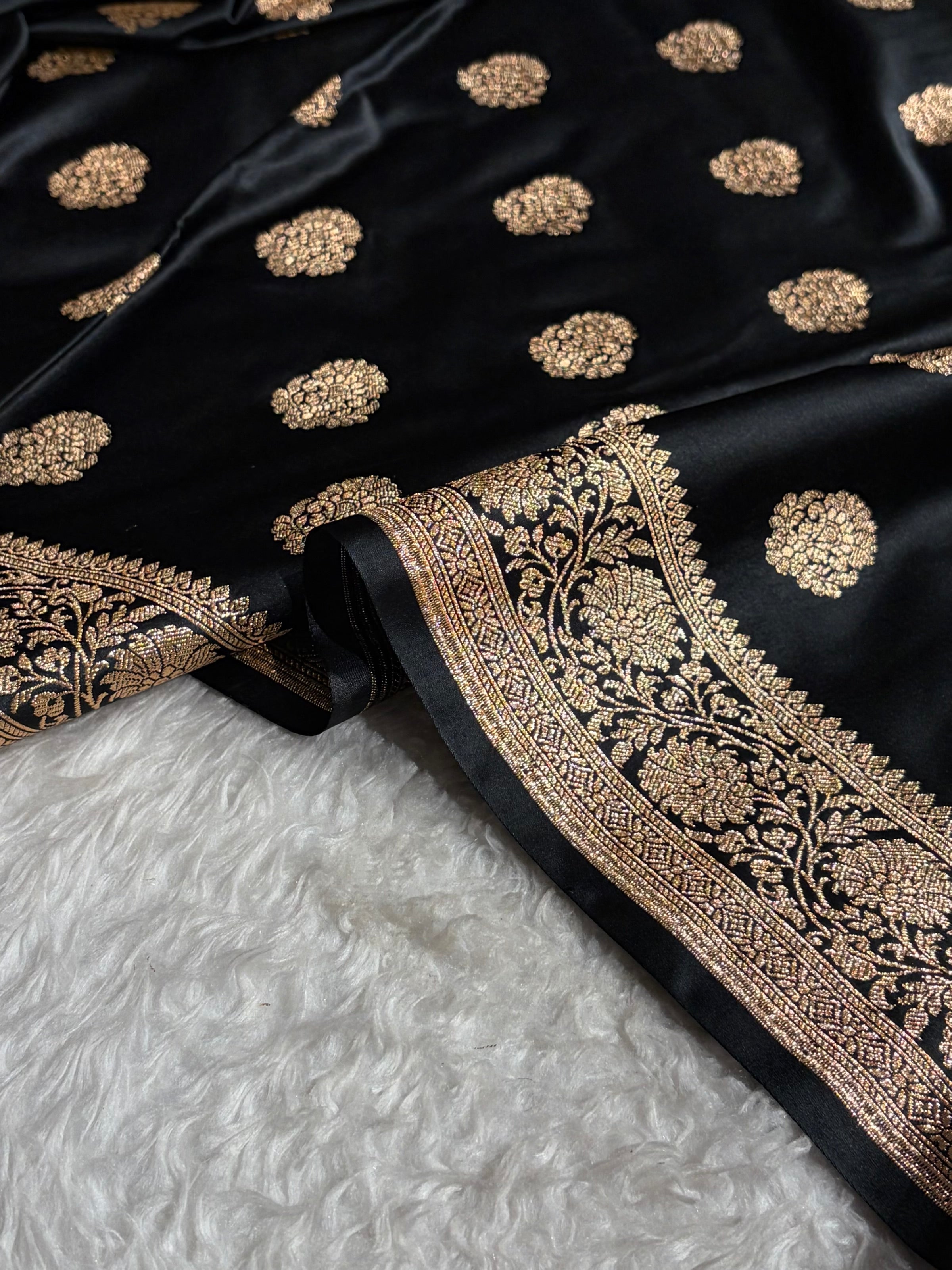 Banarasi Satin Katan Saree With Boota in Black Shades SK109