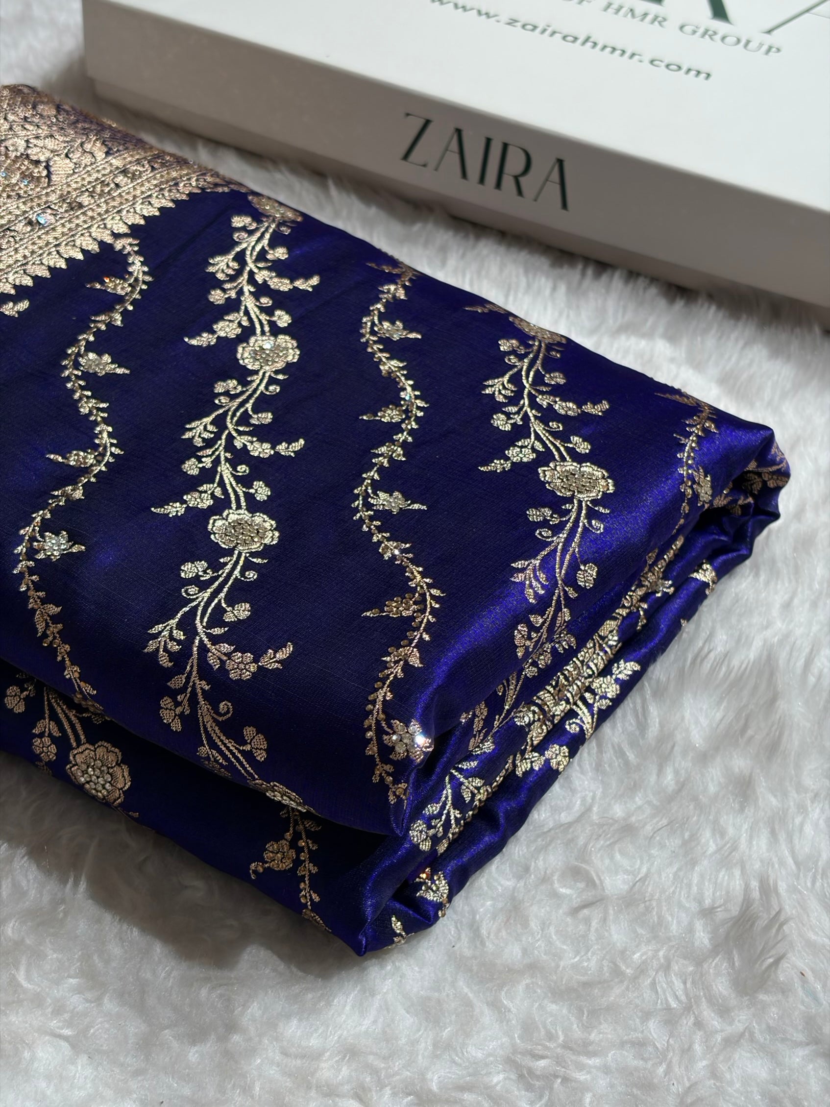 Satin Silk Cross Pattern With Swarovski Work in Royal Blue Shades BSS37
