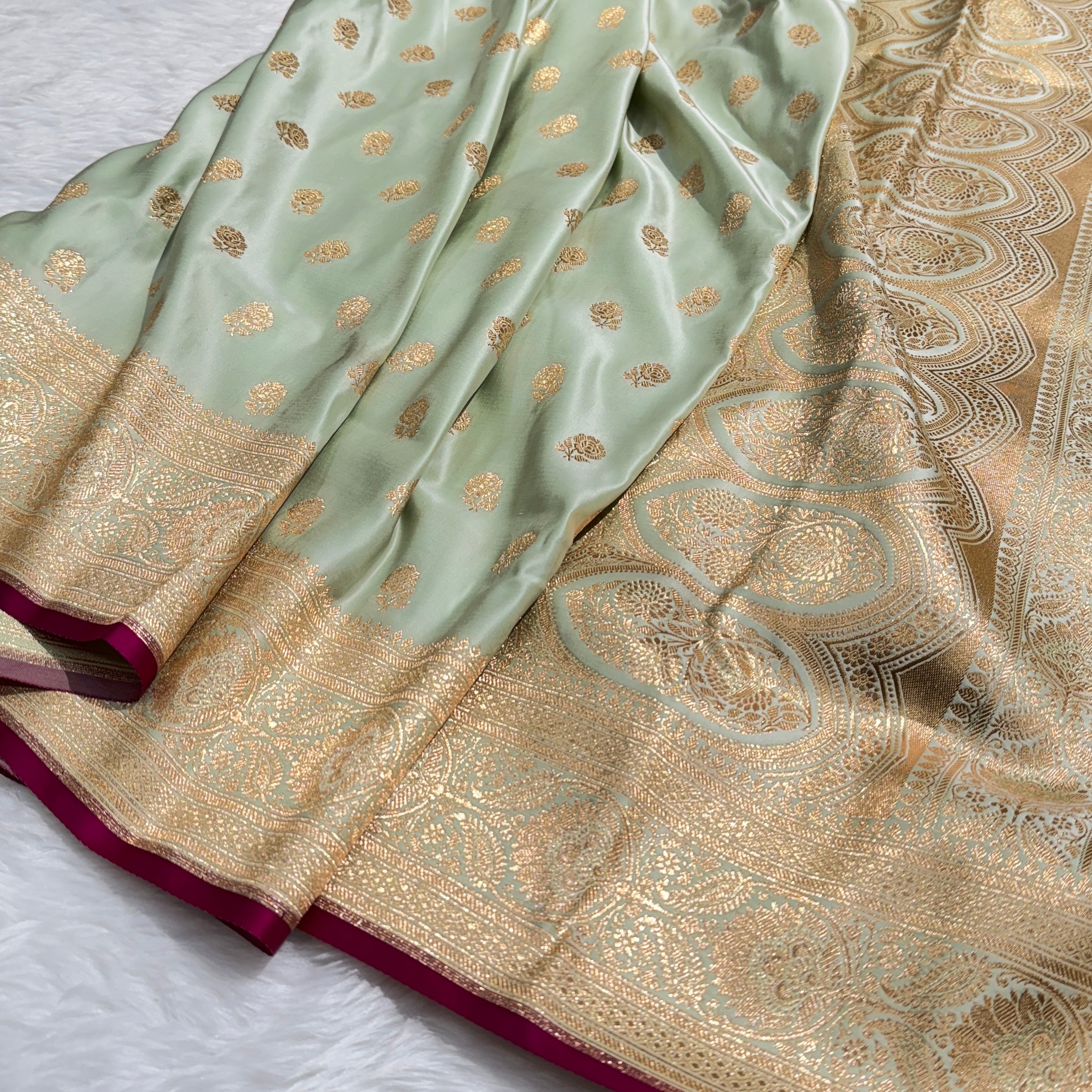 Floral boota Satin katan Silk Saree In light Pista Shades SK12