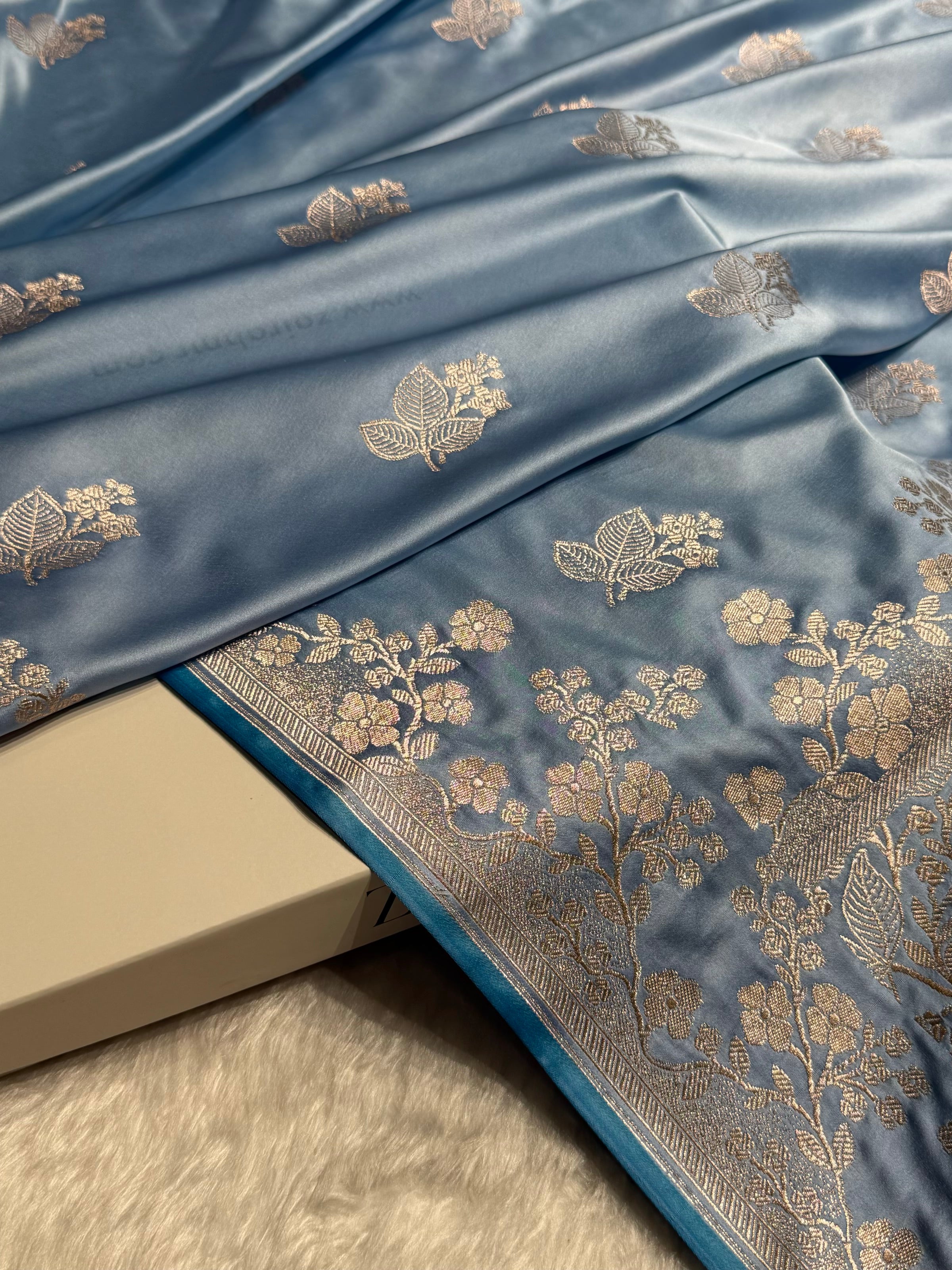 Banarasi Sky Blue Shades With Floral Border Mashru Silk Saree MS83