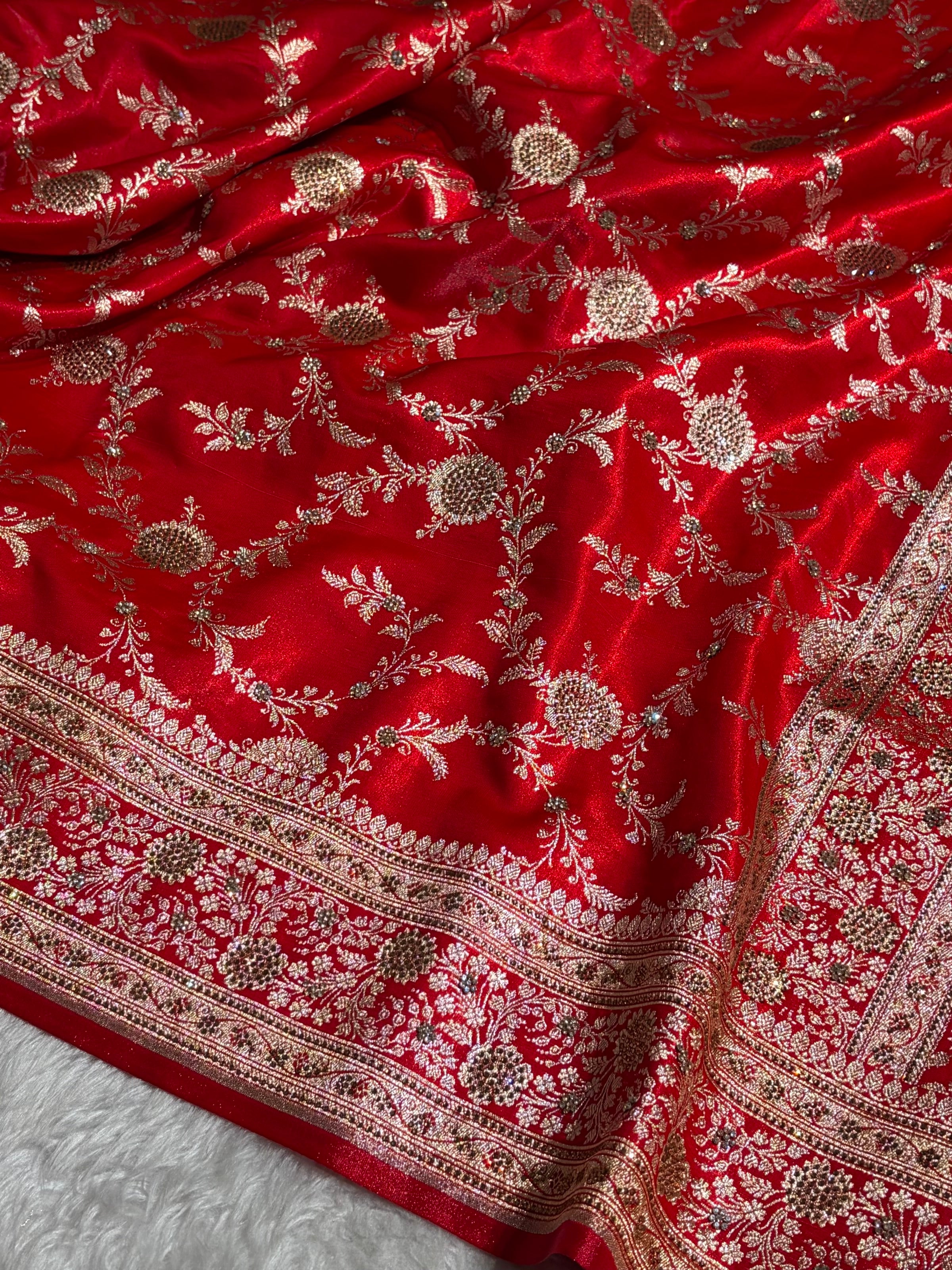 Light Weight Red Satin Silk Saree with Swarovski work BSS14