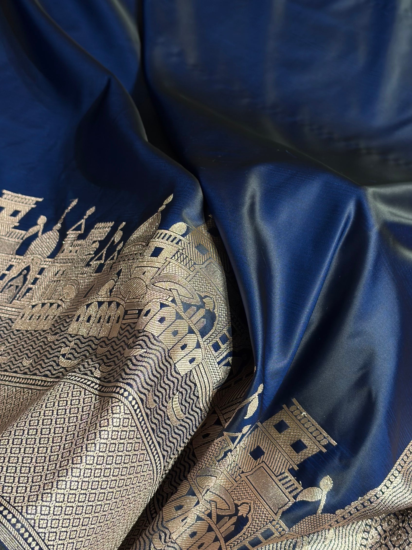 Cross Navy Shades Ghat Pattern Satin Katan Silk Saree SK19