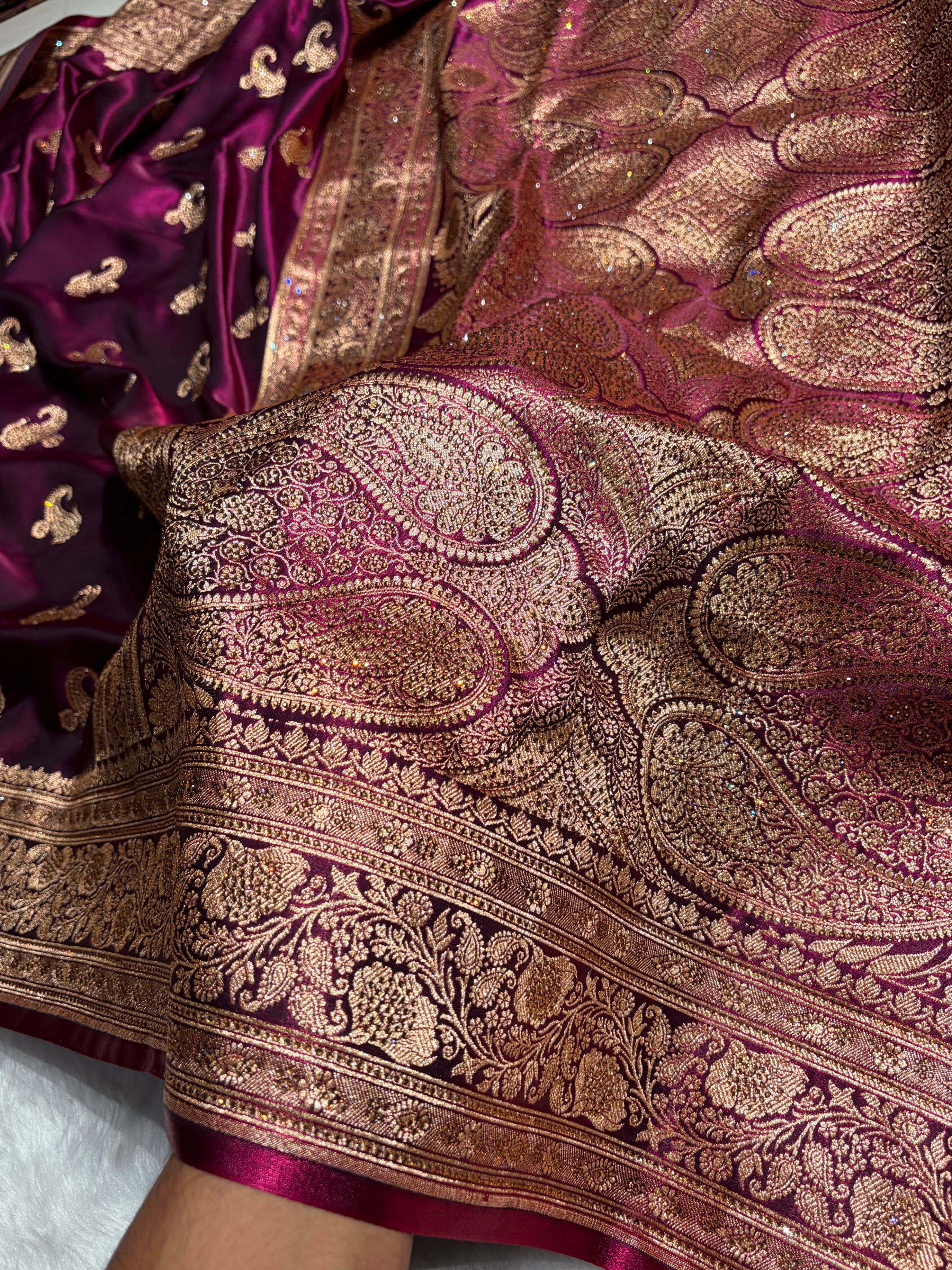 Satin Silk Saree Swarovski Work Floral Boota in Wine Shades BSS27