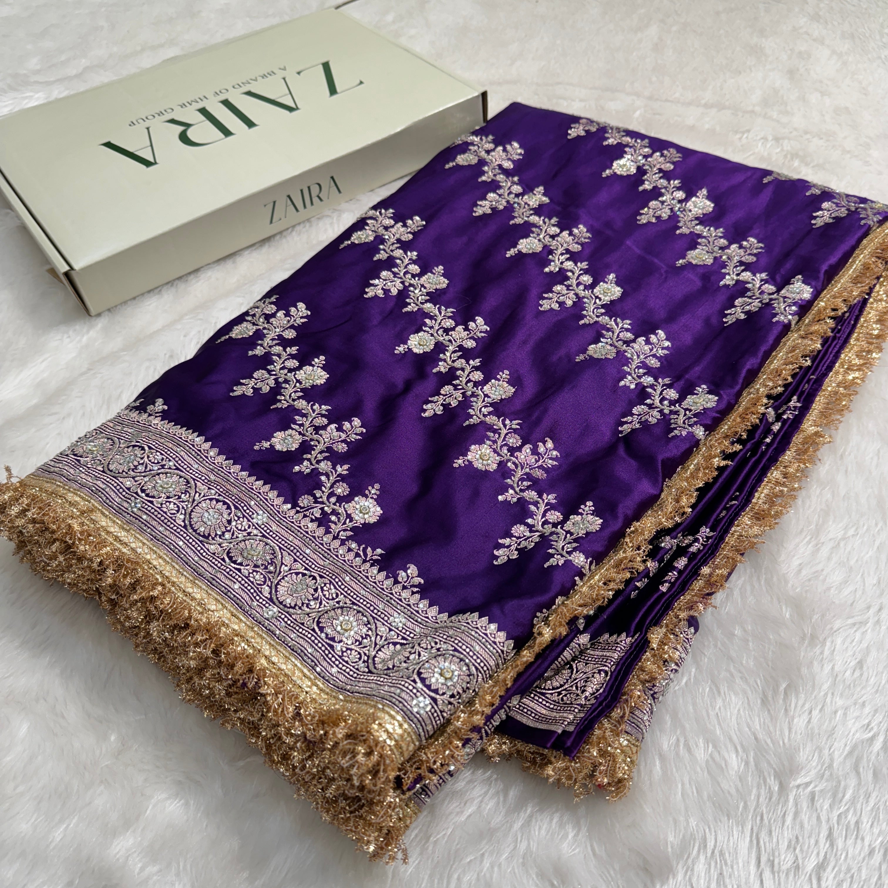 Purple shade Mashru Silk with Ari and stone work with Gold Gotta Patti
