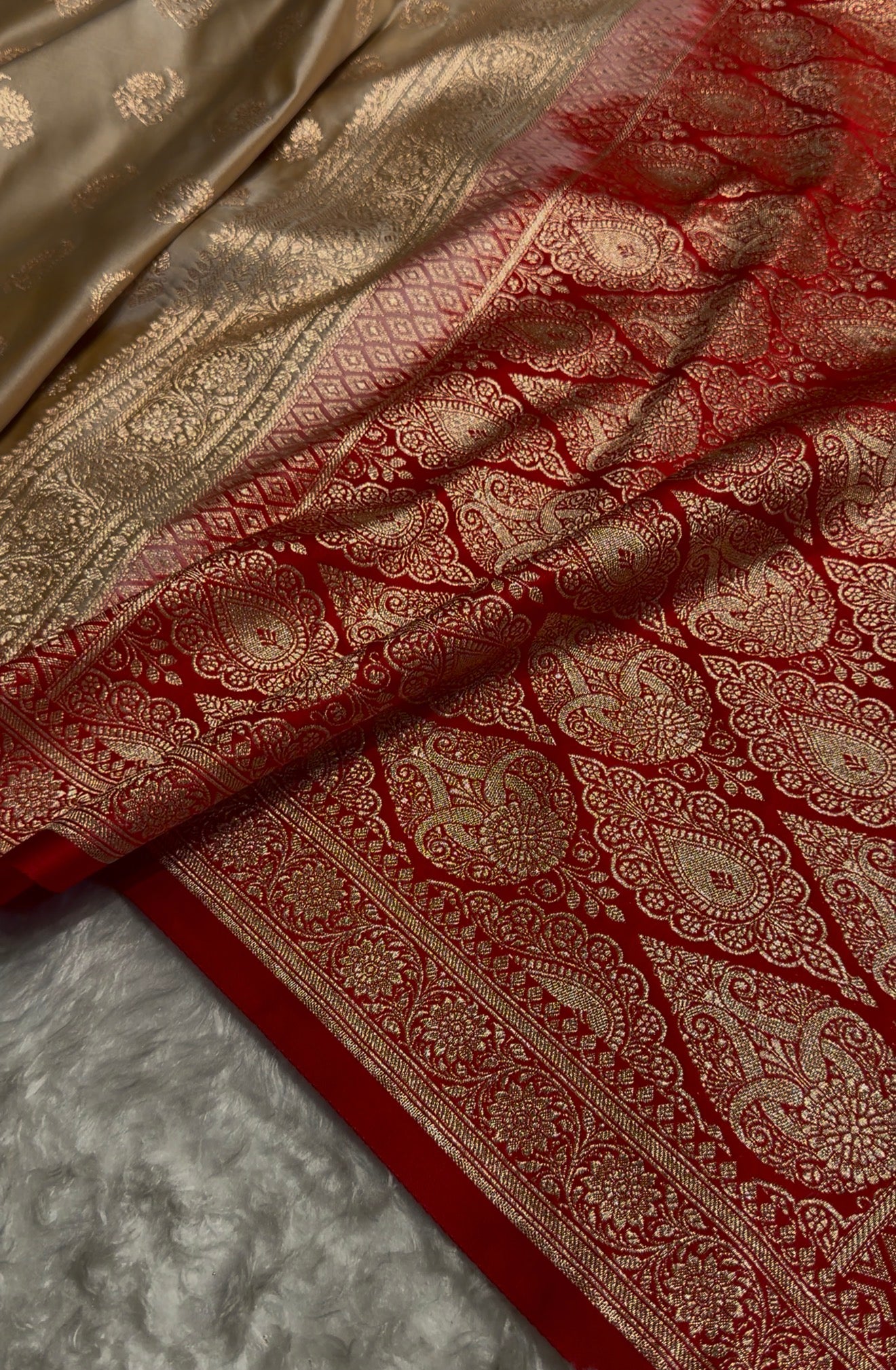 Tusser with Red Floral Boota Satin Katan Silk saree SK27