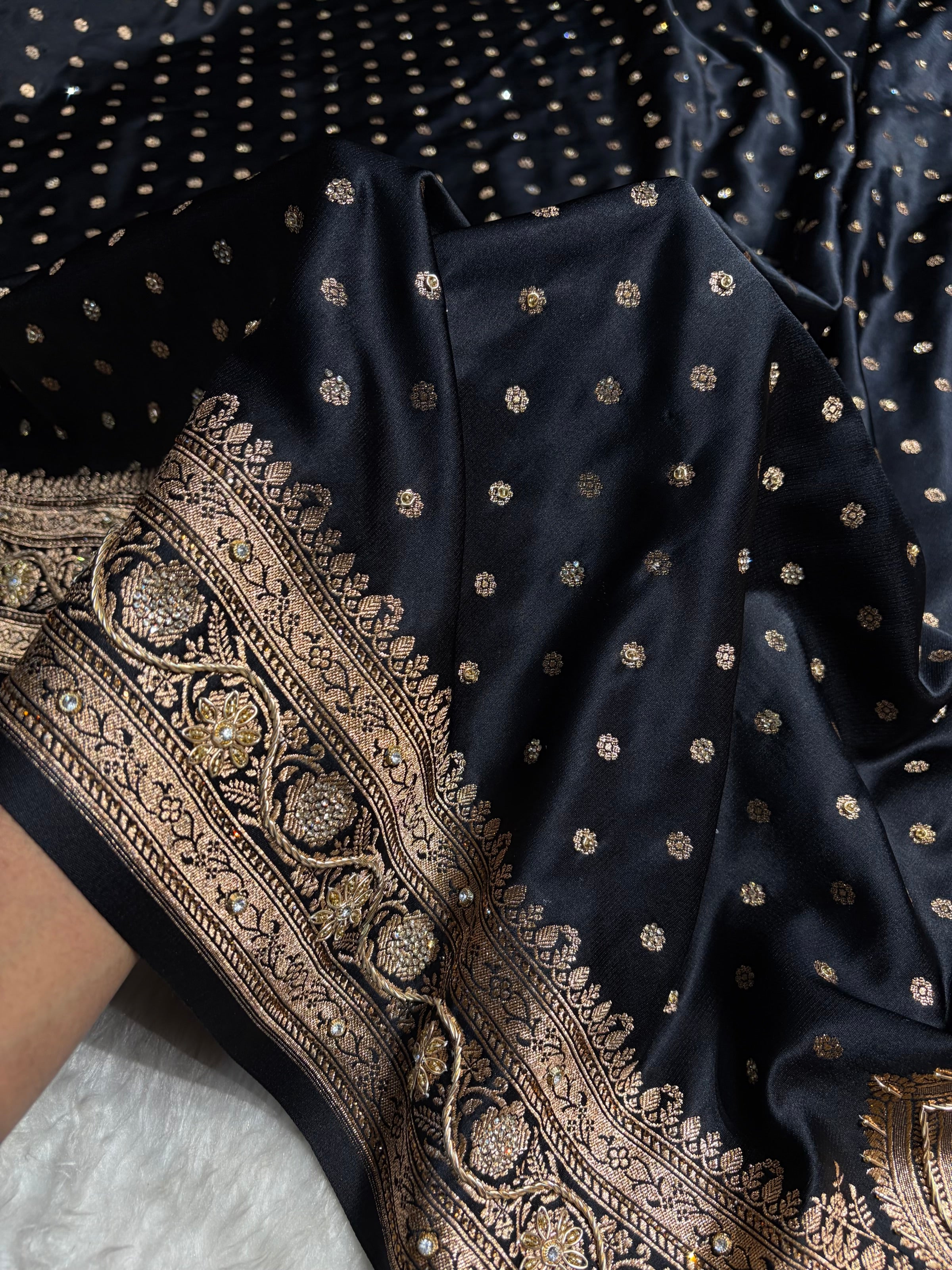 Banarasi Black Katan Silk Saree With Ari Zardozi and Swarovski stone work BSK01