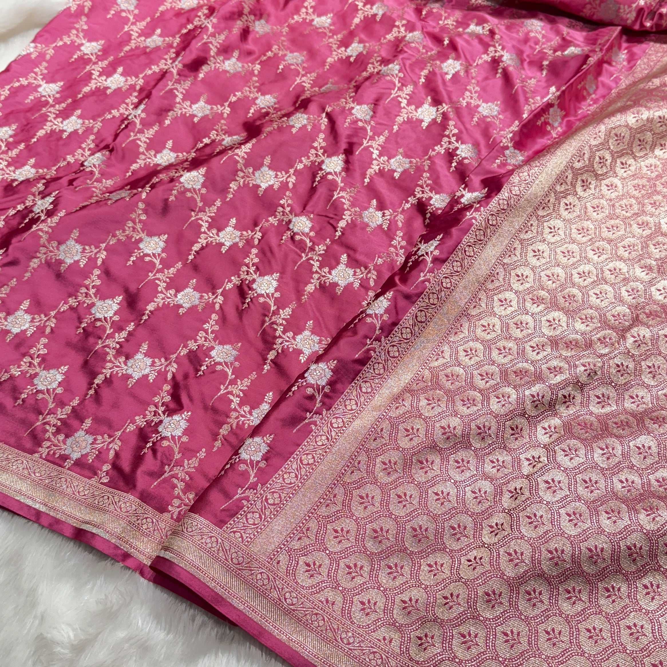 Strawberry Pink Minakari Jaal Mashru Silk Saree