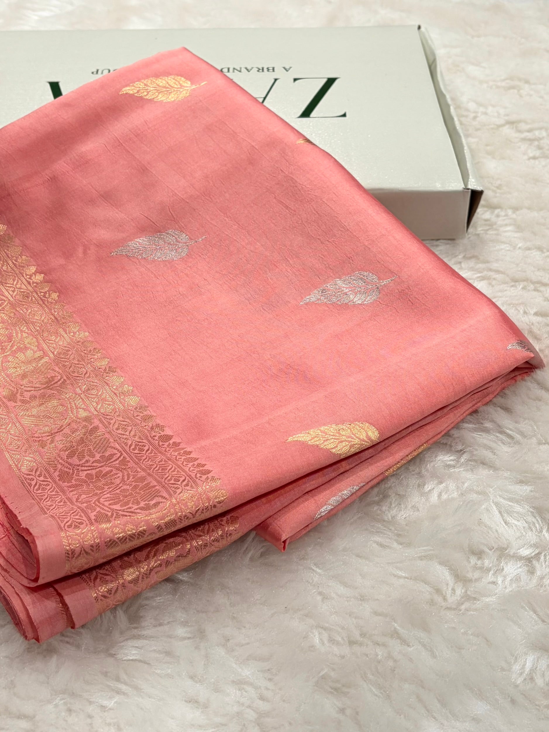 Banarasi Light Peach Shades Boota Handwoven Pure Paper Silk RM-77