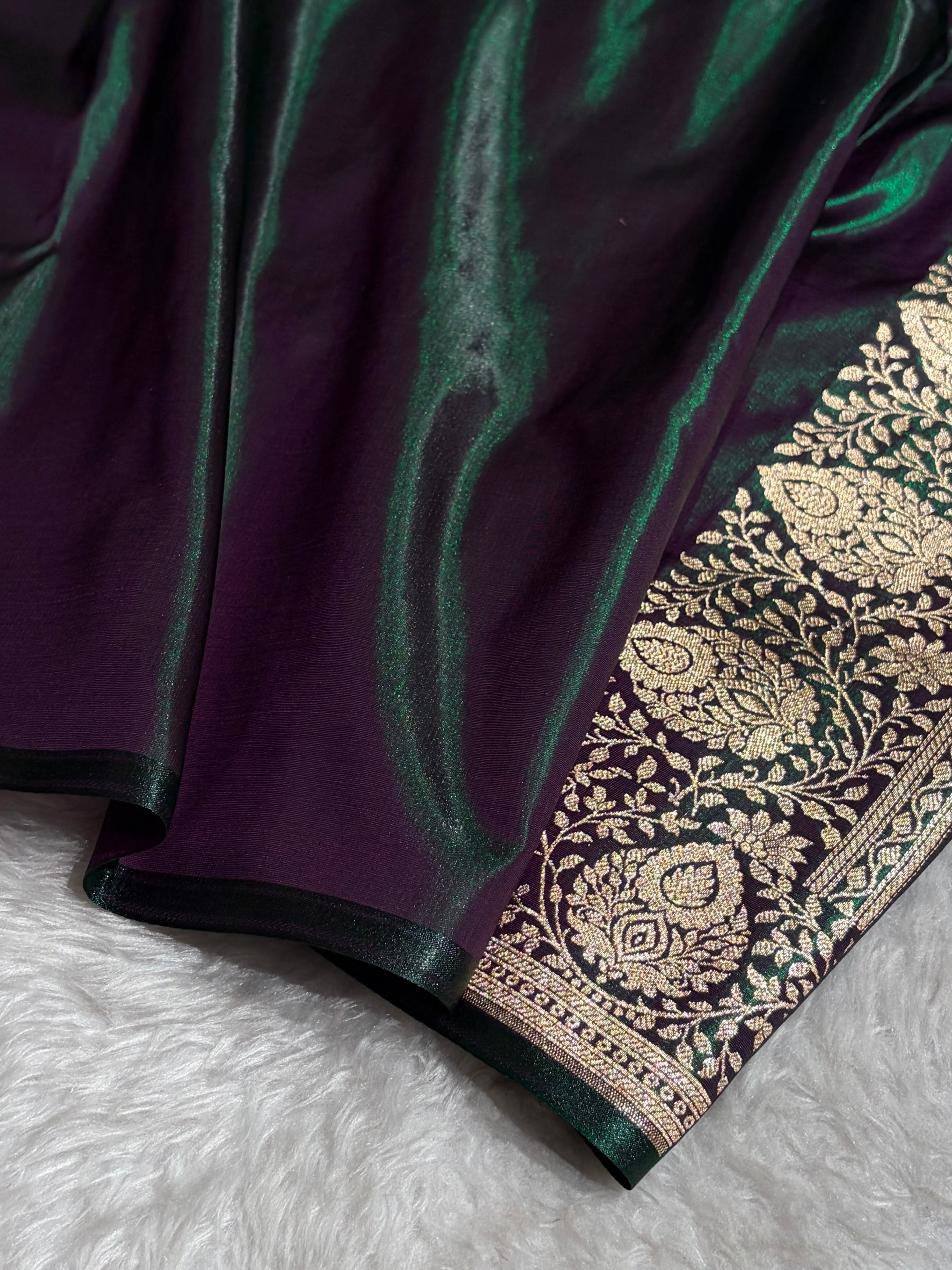 Satin Silk Saree Floral Boota in Greenish Wine Shades SS28