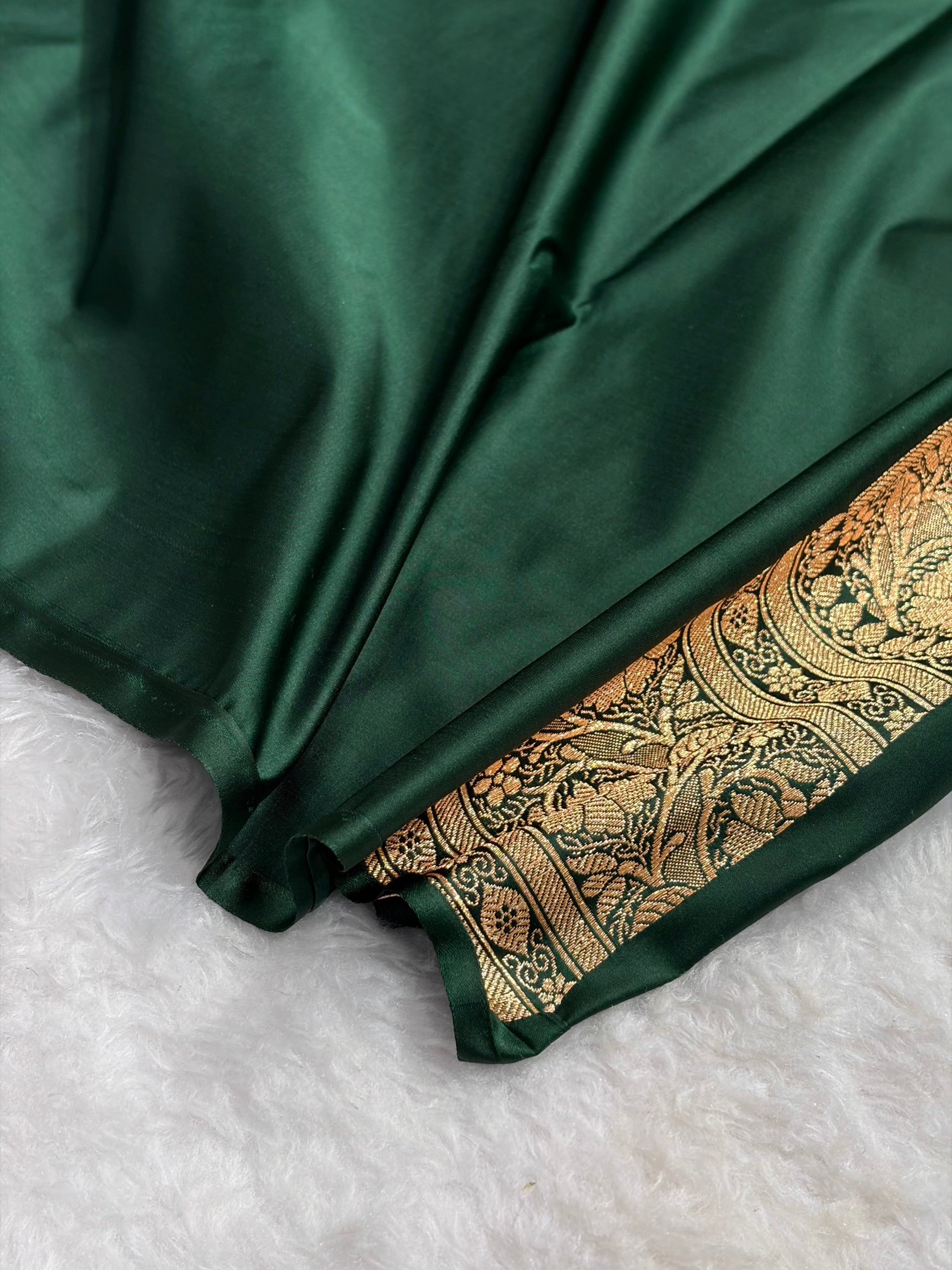 Banarasi Satin Katan Saree With Boota in Bottle Green Shades SK106