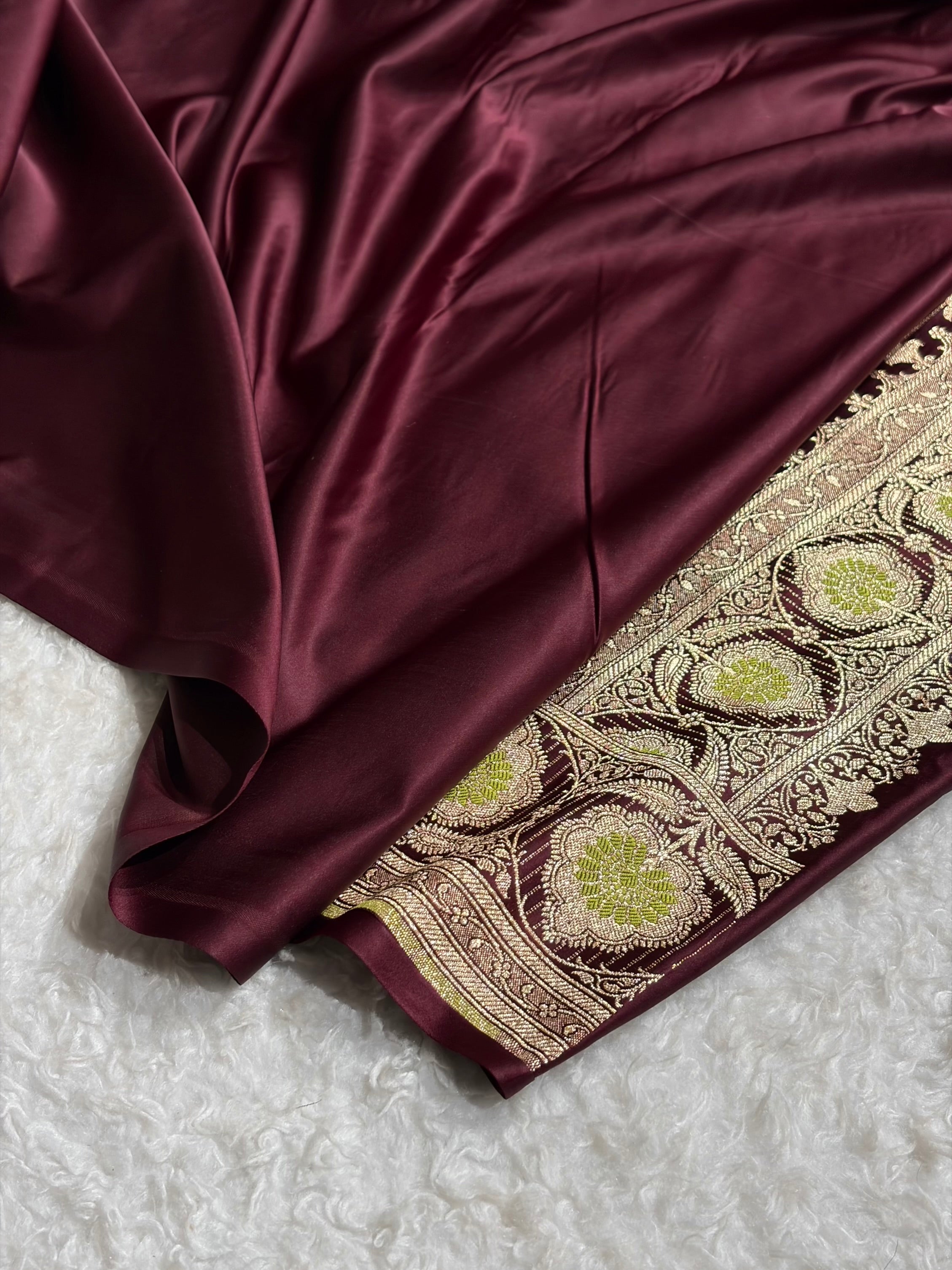 Garnet Banarasi Minakari Booti Satin Katan Silk saree