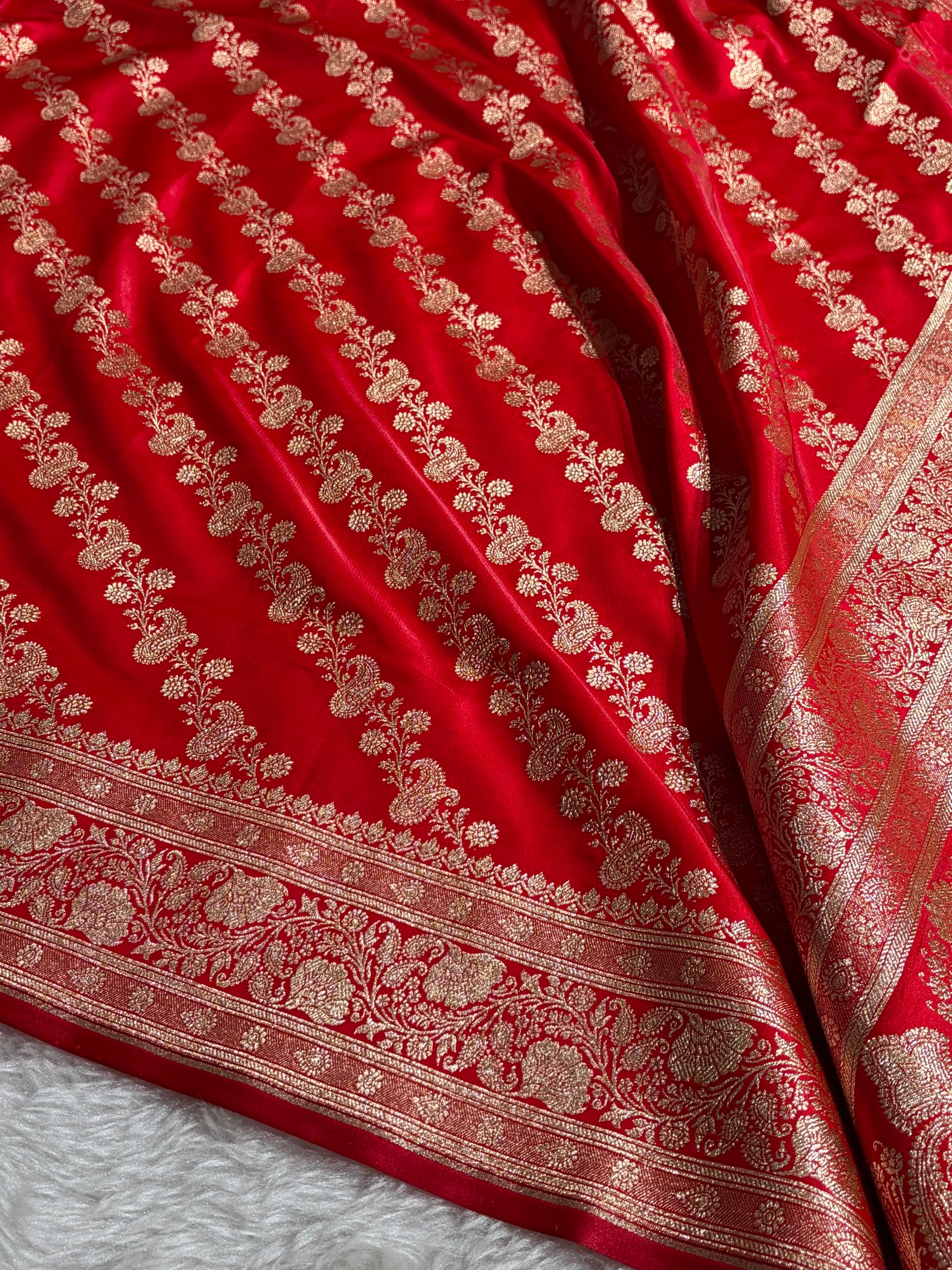Banarasi Red Shades Cross Pattern Banarasi Satin Silk Saree SS51