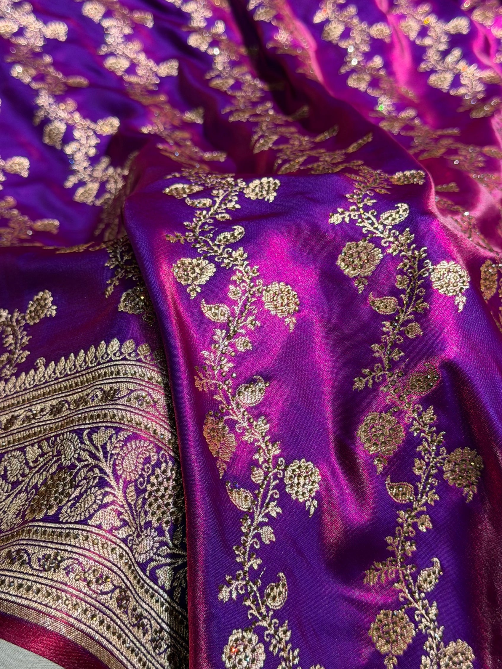Cross Purple Shades Banarasi Cross Jaal With Stone Work Satin Silk Saree BSS11