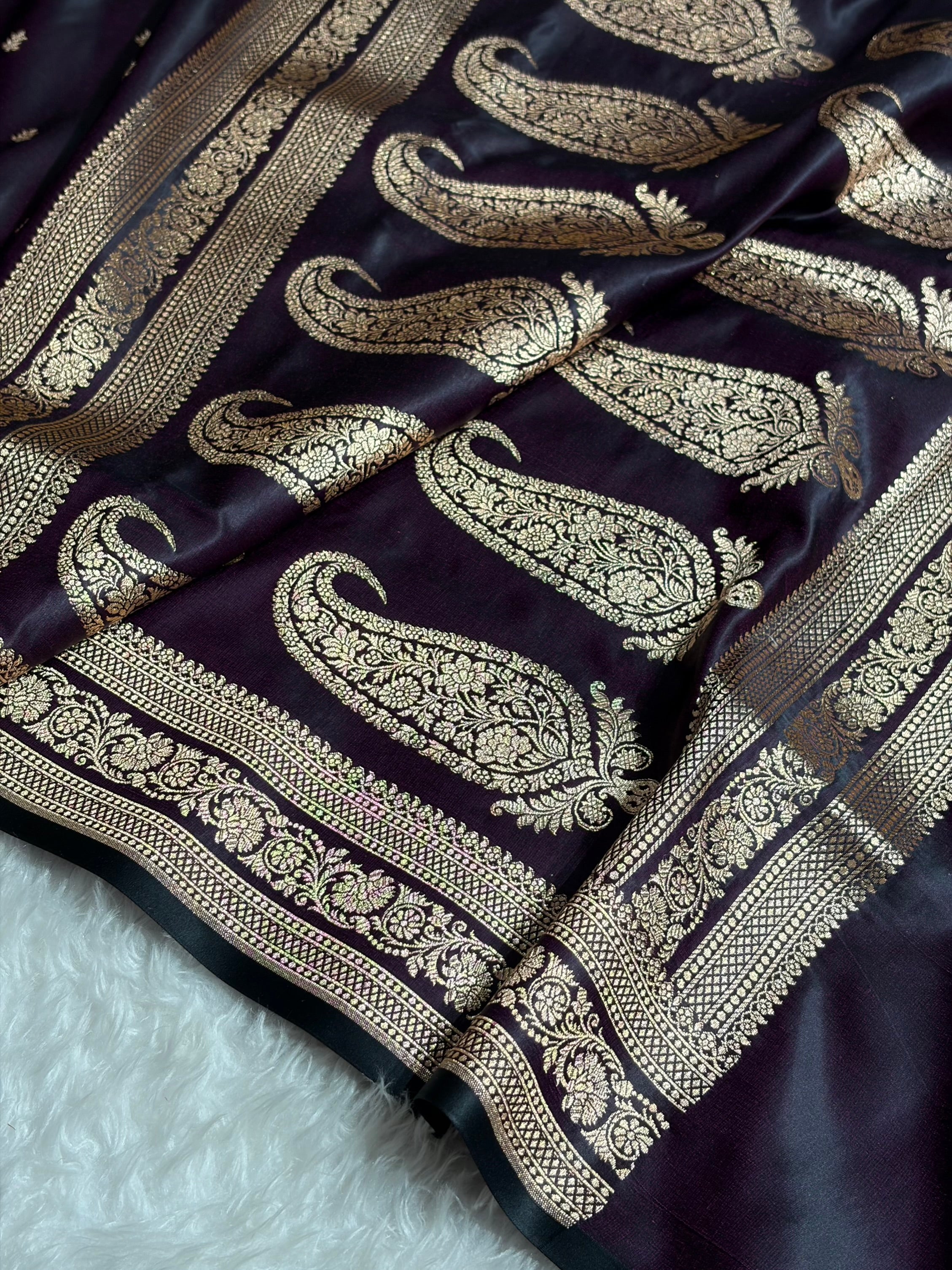 Banarasi Satin Katan Saree With Booti Pattern in Dark Wine Shades SK125