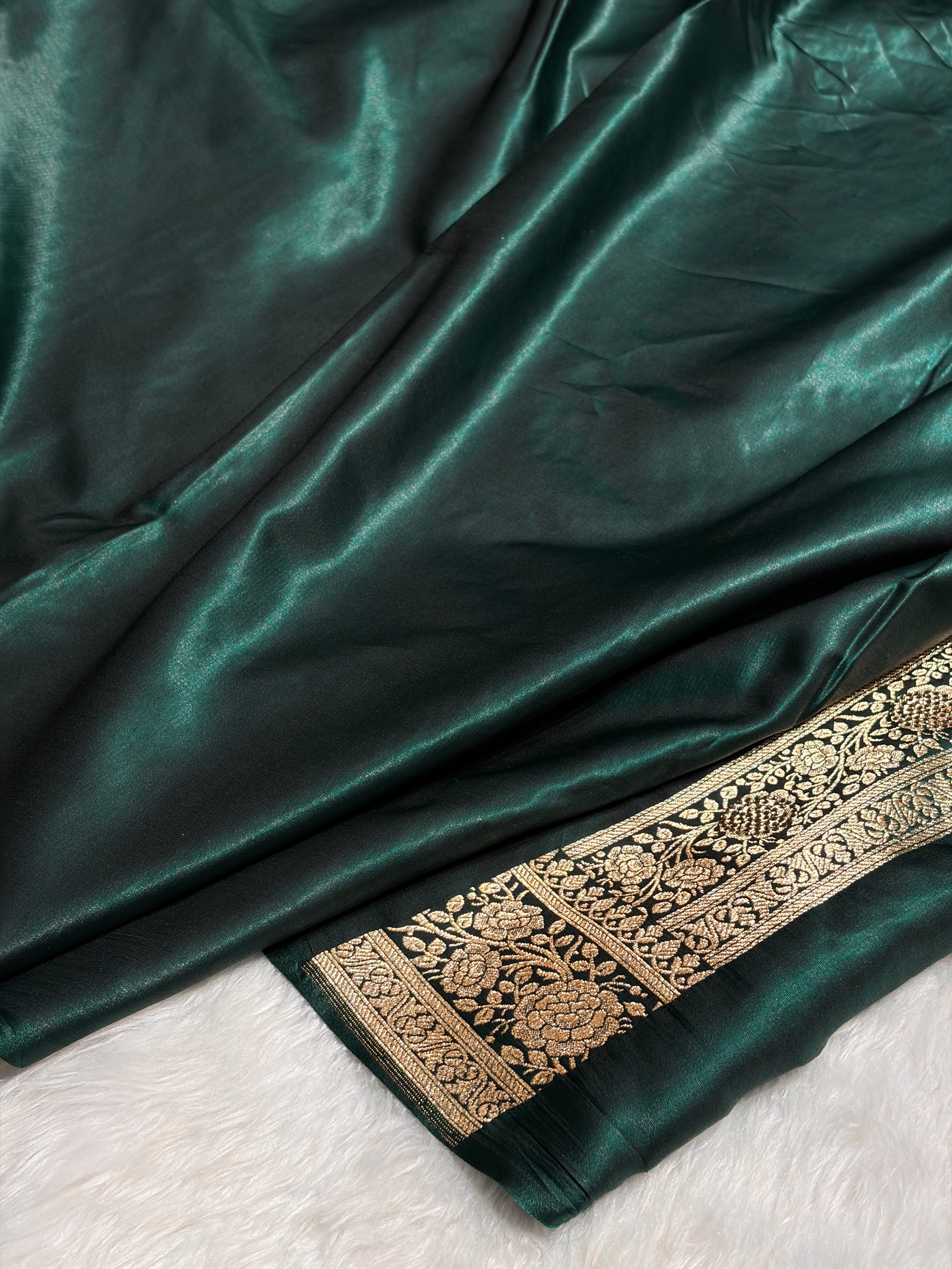 Dark Bottle Green Swarovski Work Jaal Pattern Satin Silk Saree BSS15