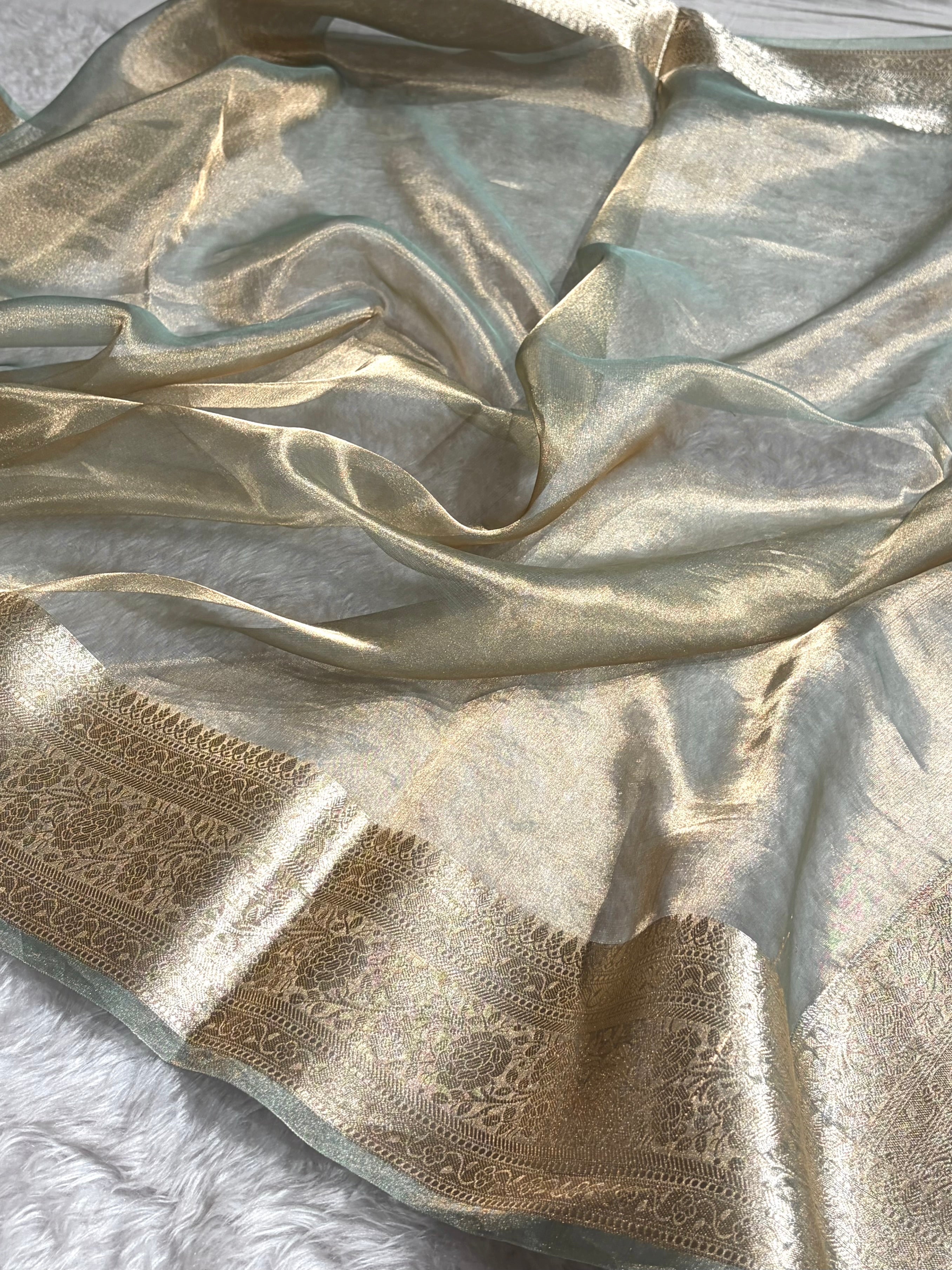 Pista Gold Shades Pure Tissue Silk Saree with Brocade Blouse PT-08