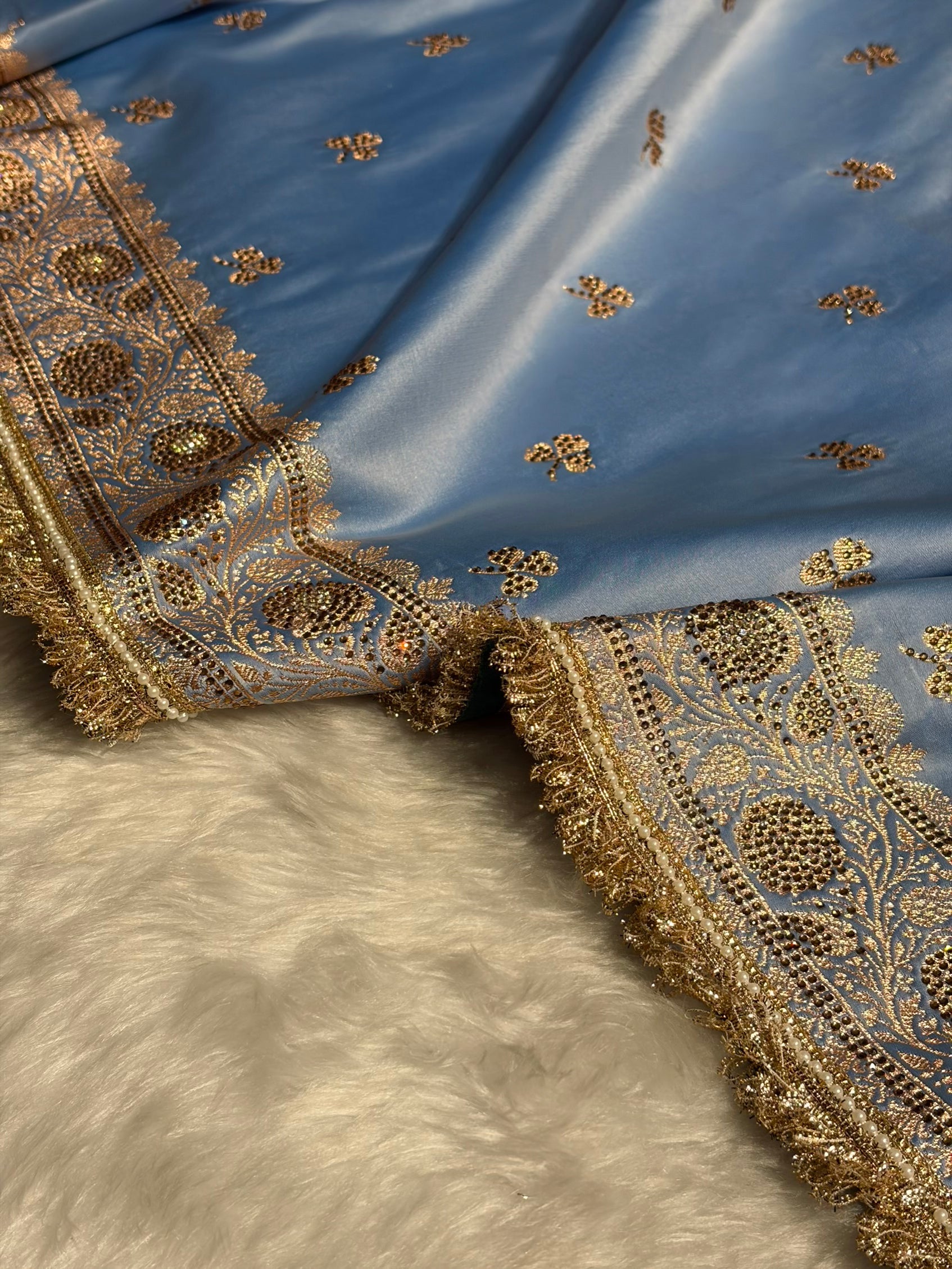 Sky Blue Booti With Swarovski Work & Gotta Patti Katan Silk Saree BSKGP09