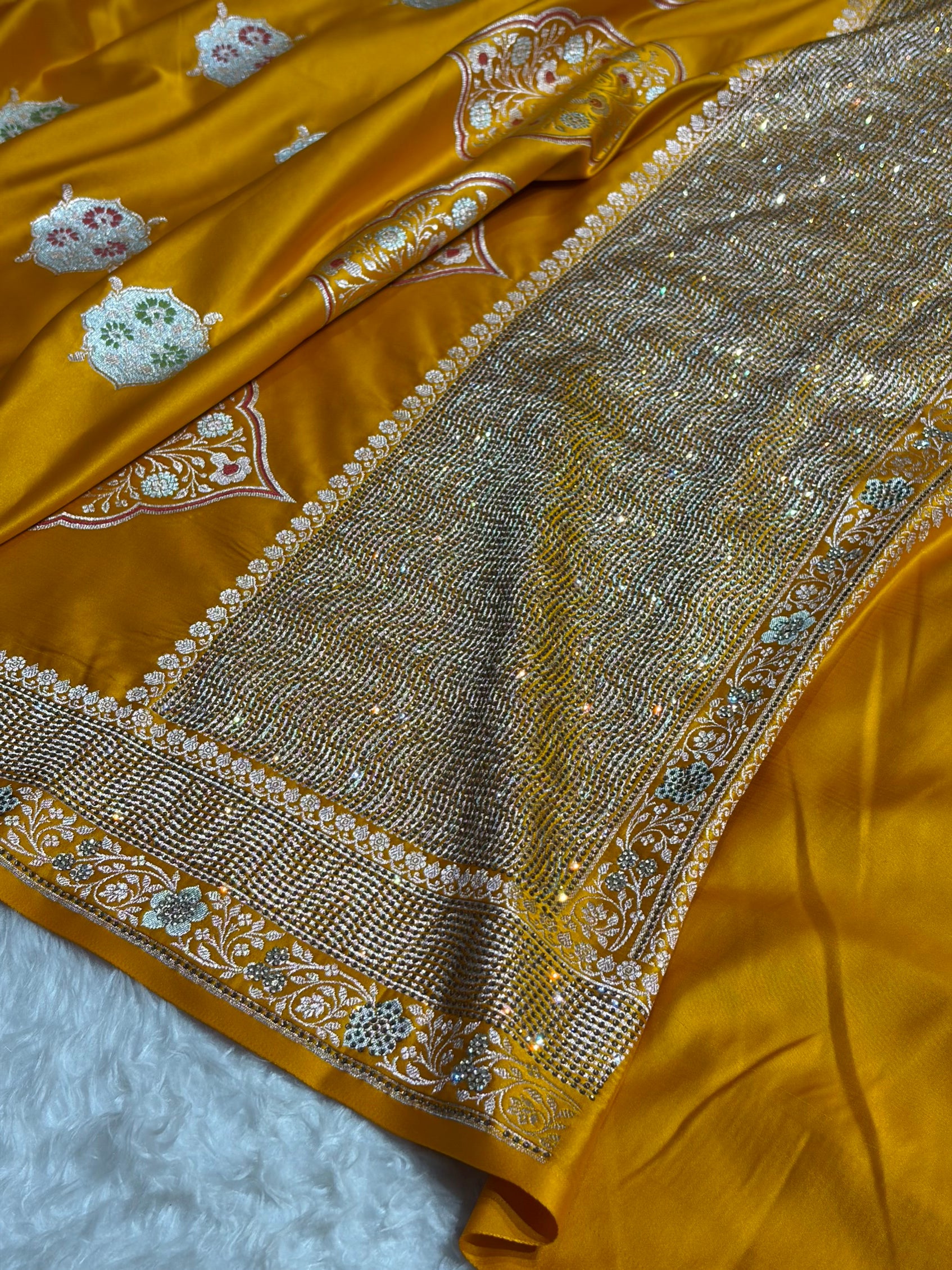 Premium Banarasi Satin Katan Saree Swarovski Work Minakari Booti Pattern in Mustard Shades BSK04