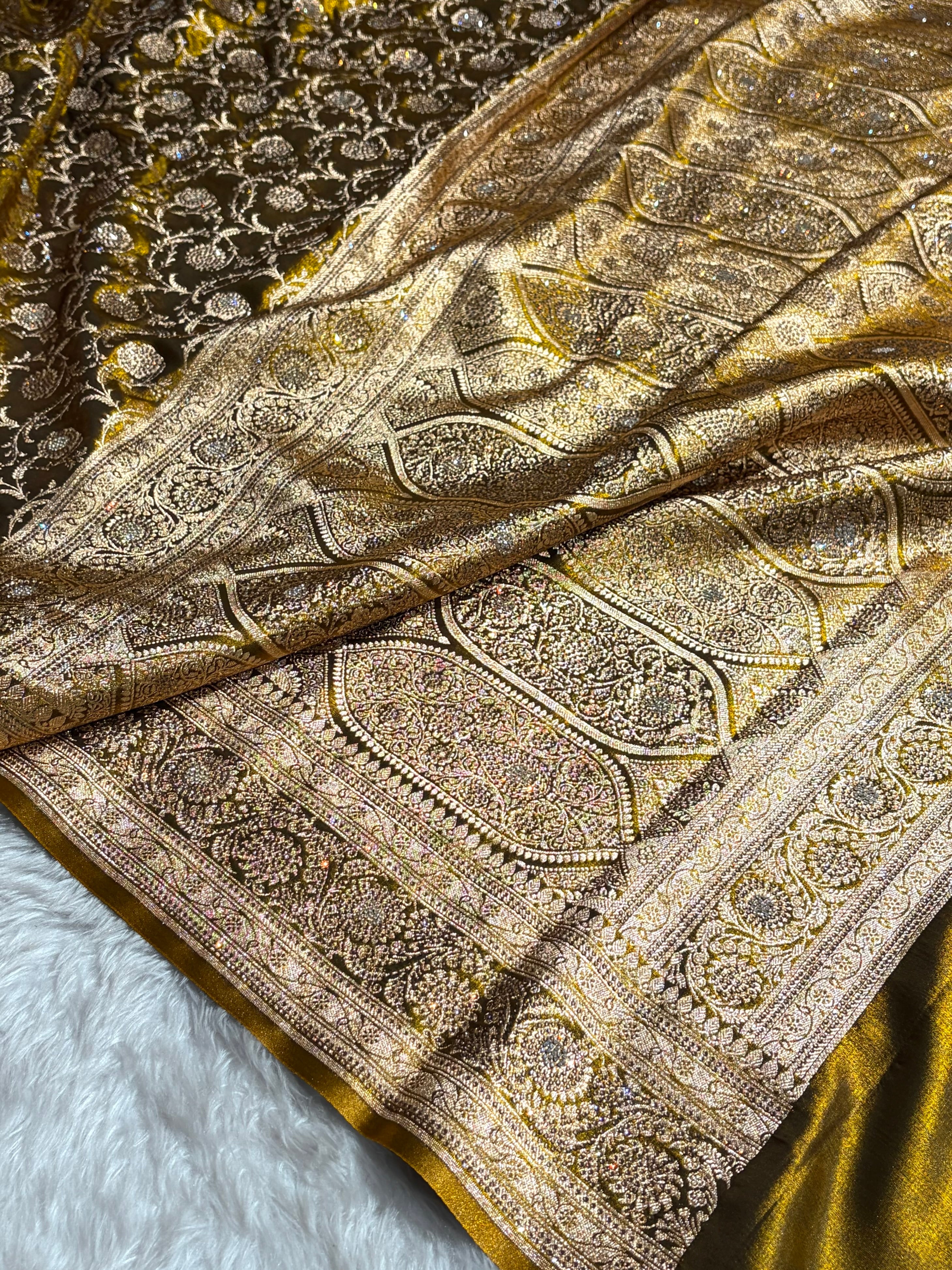 Ultra Light Weight Satin Silk Jaal With Swarovski Work in Mehendi Shades BSS13