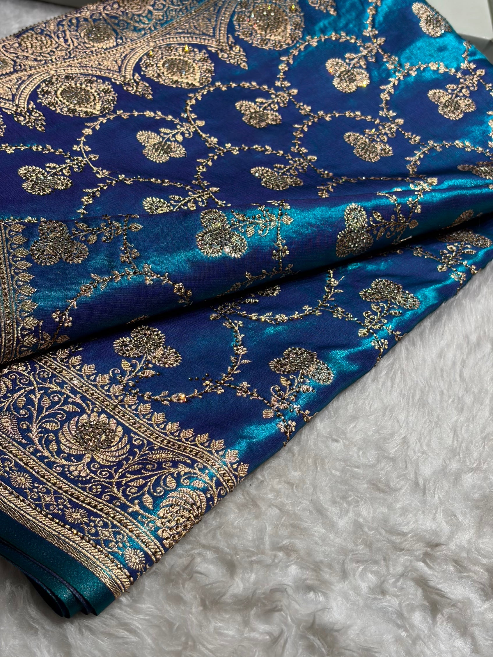 Satin Silk Saree Swarovski Work Jaal in Peacock Blue Shades BSS23 (R)
