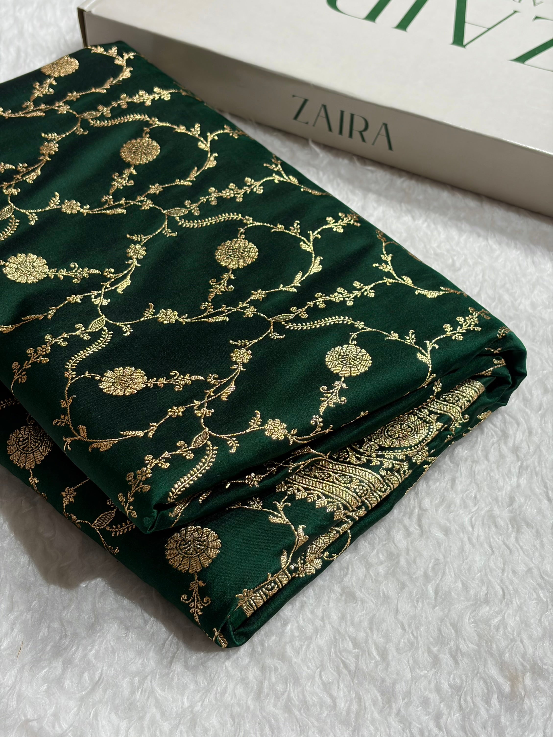 Banarasi Satin Katan Saree in Jaal Pattern Bottle Green Shades SK86