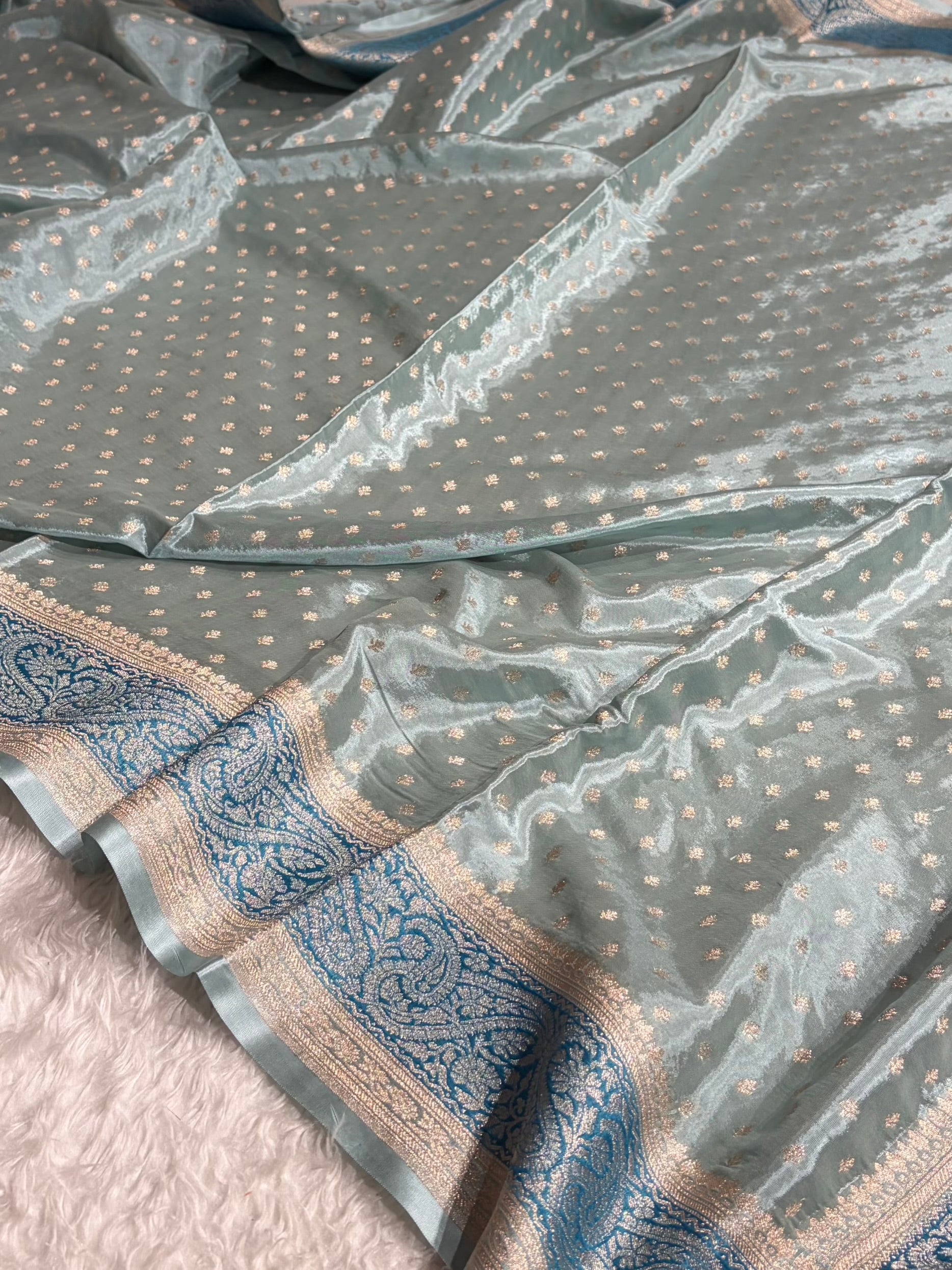 Powder Blue Shades With Contrast Border Crepe Silky Katan Banarasi Saree CSK-05