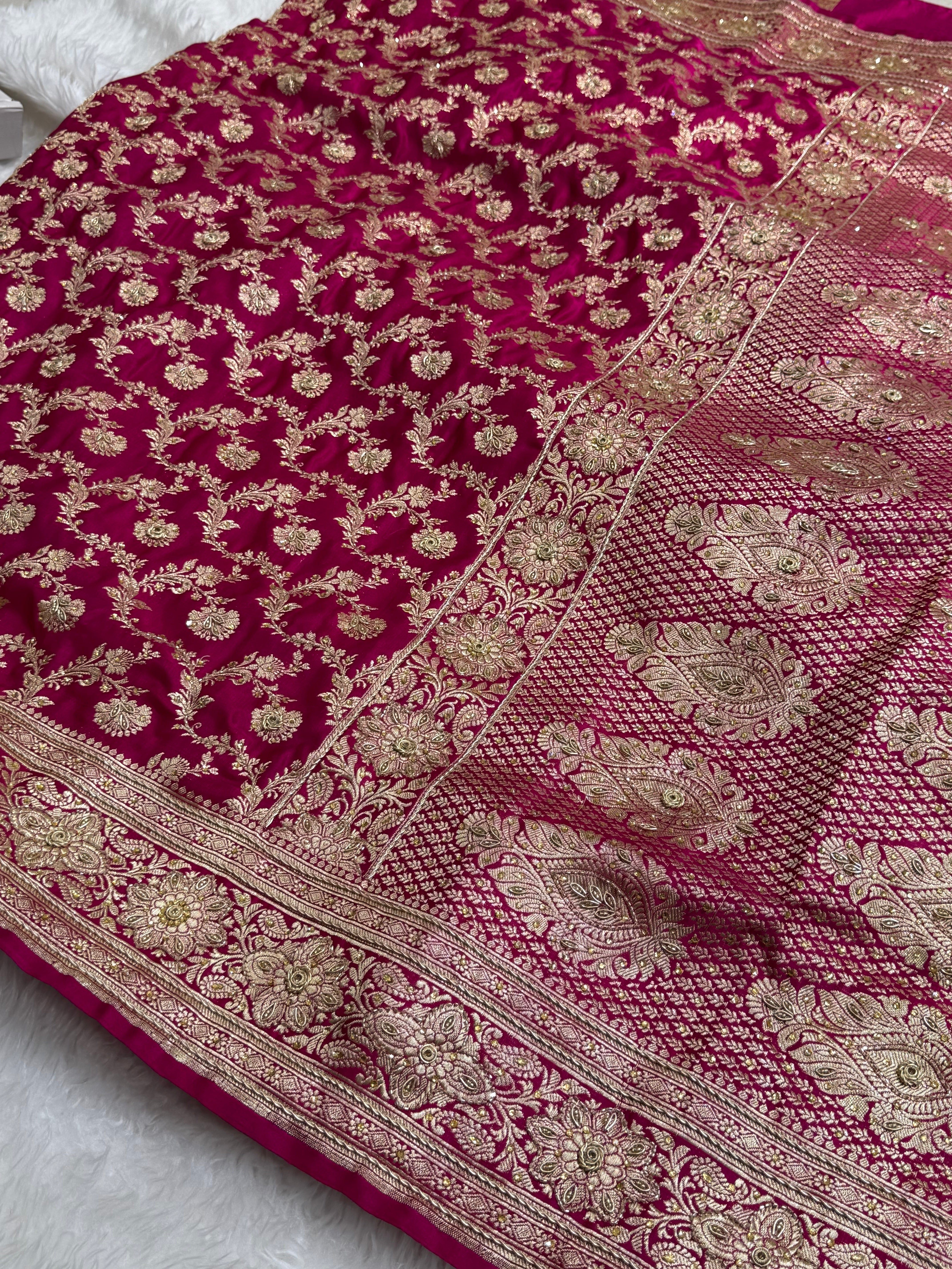 Rani Pure Katan Silk Banarasi Saree with Zardozy, Ari and Stone work