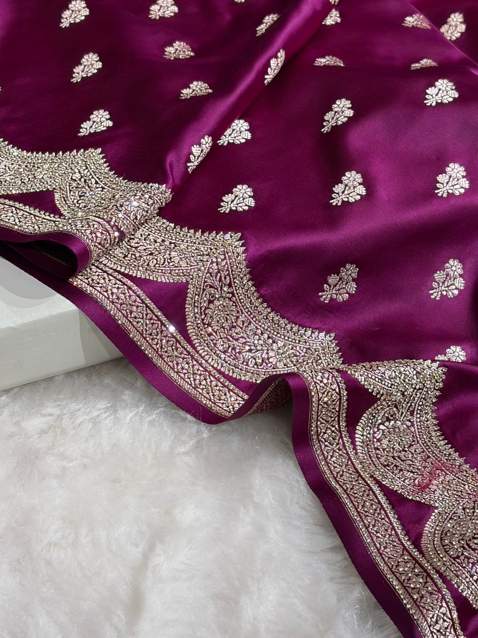 Banarasi Wine Scallop Mashru Silk with White Stone Swarovski work BMS02