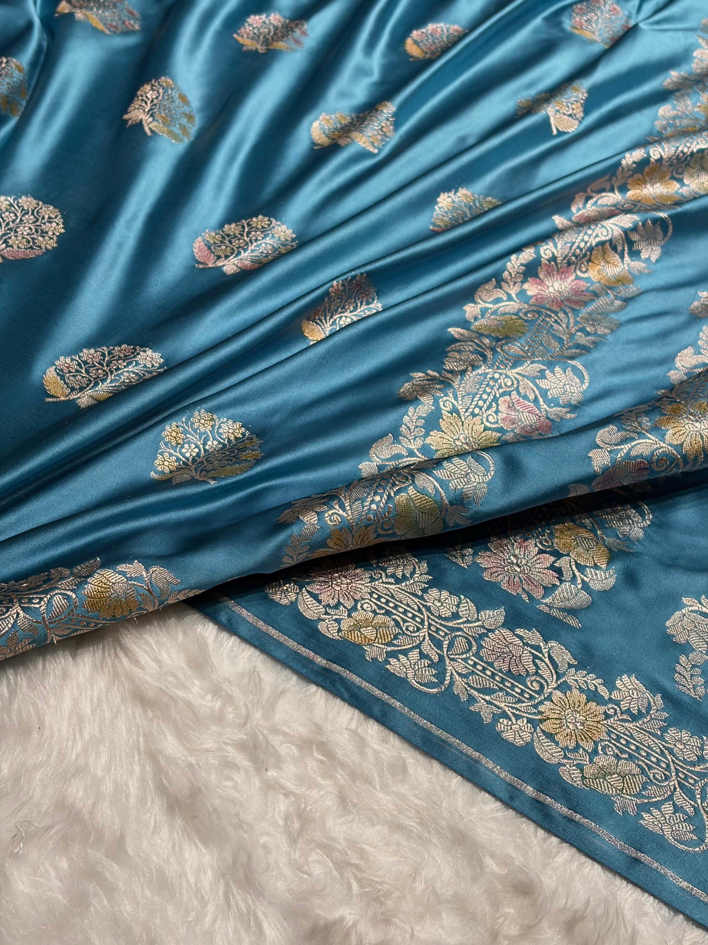 Sky Blue Mashru Silk Saree With Allover Floral Boota MS21