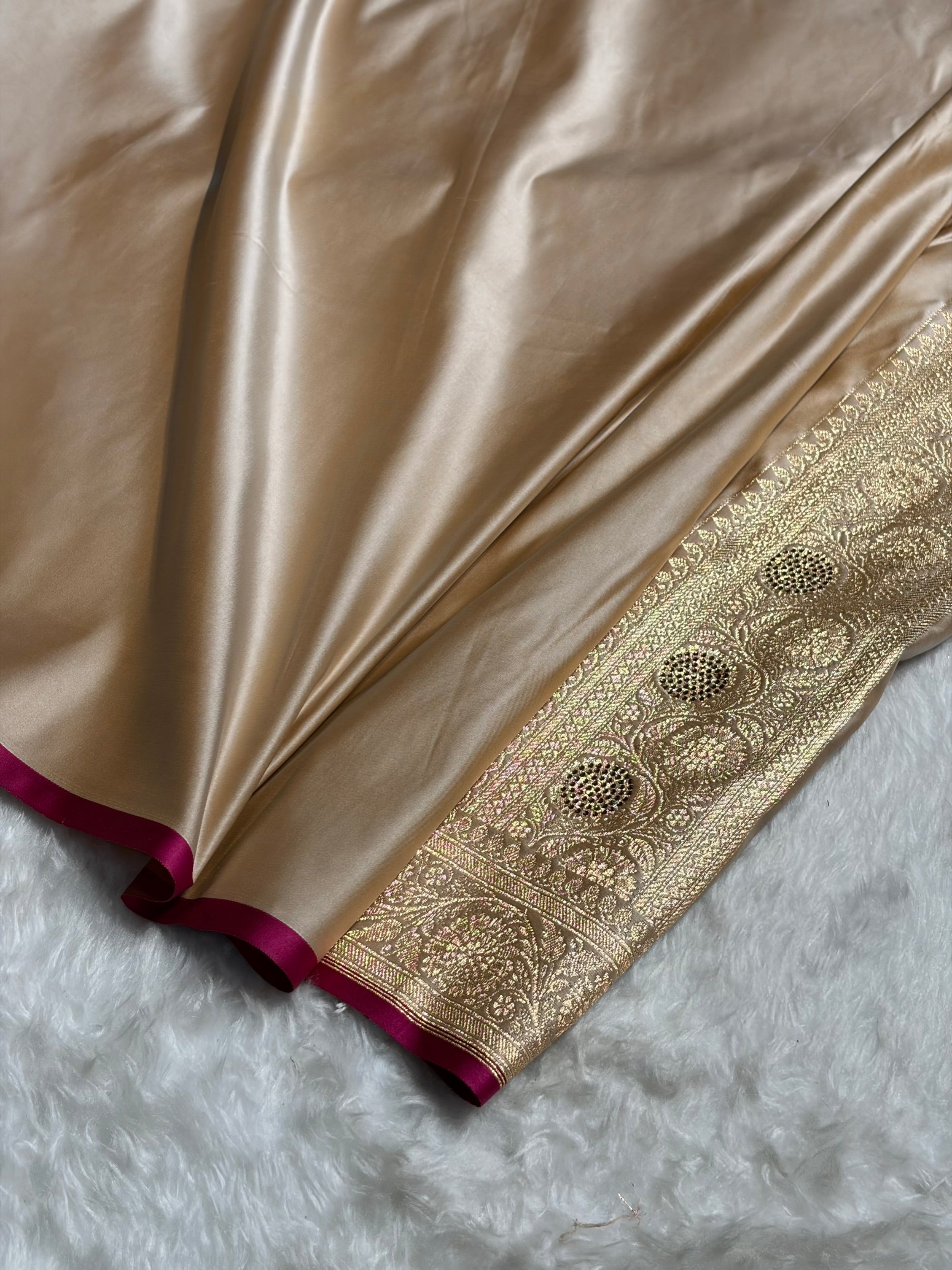 Beige Shades Cross With Swarovski Work Satin Katan Silk Saree BSK17