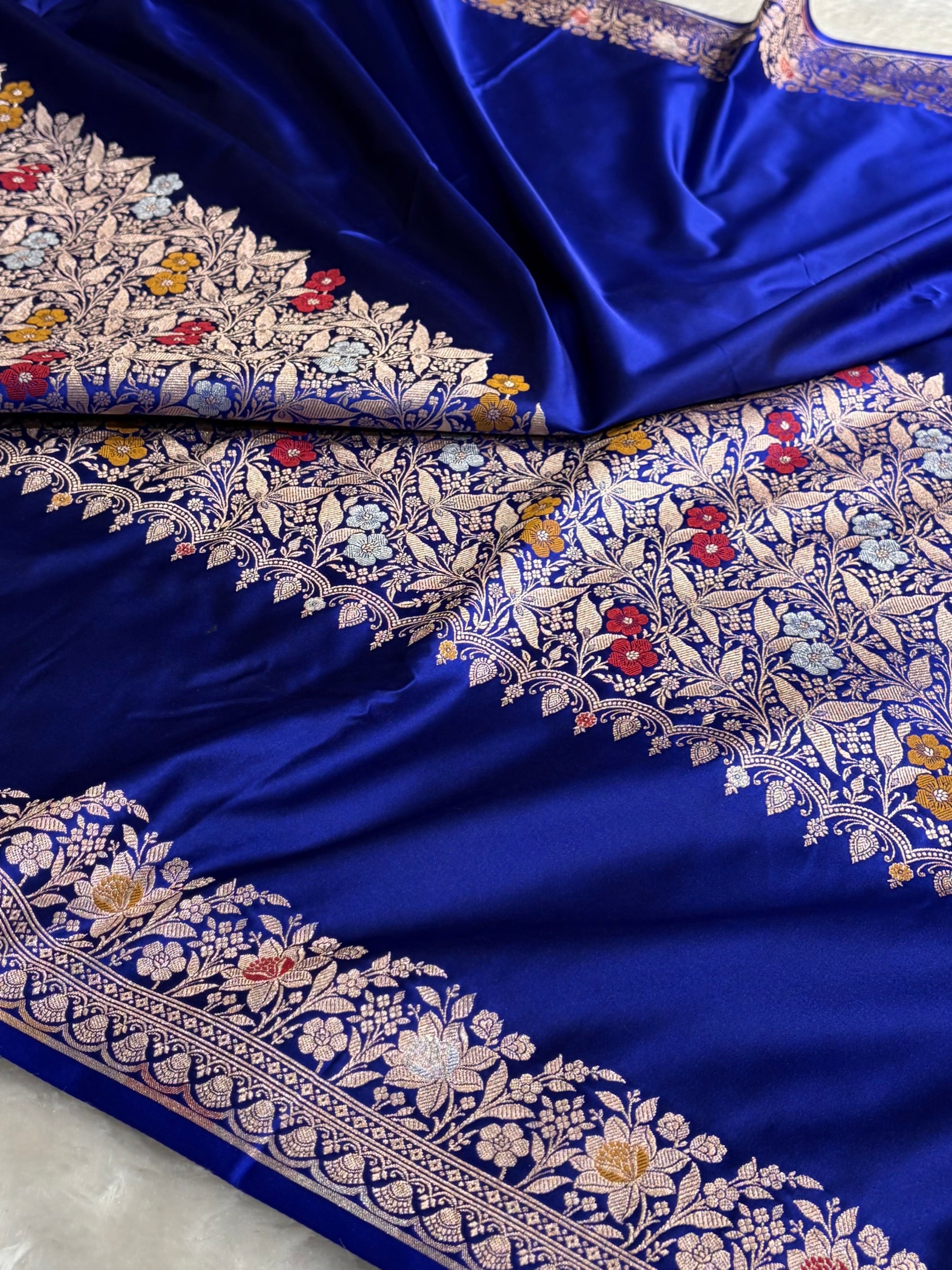 Royal Blue Shades Banarasi Minakari Boota Skirt Pattern Floral Mashru Silk Saree MSM-116