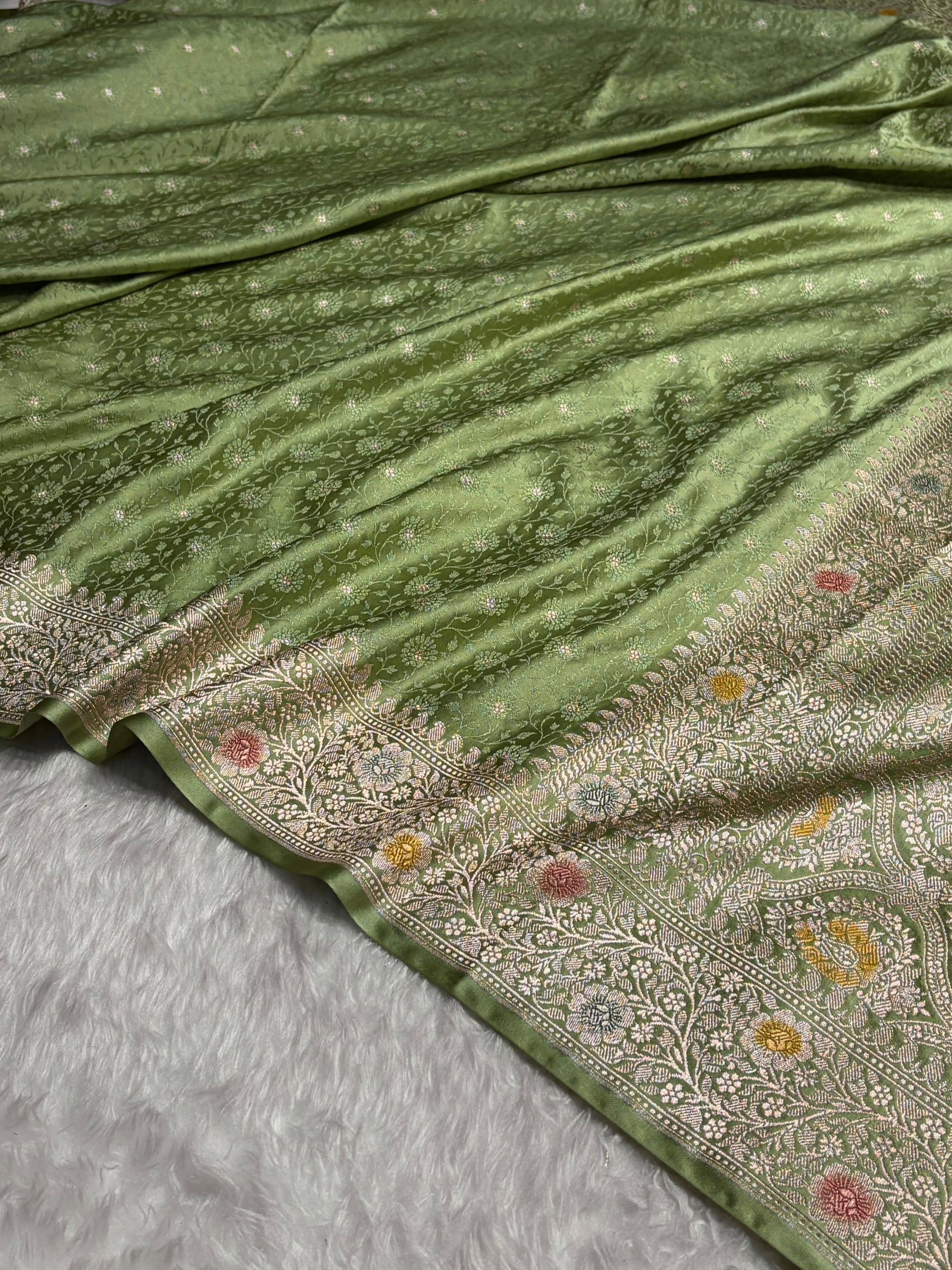 Light Green Shades Booti Minakari Tanchoi Mashru Silk Saree MS49