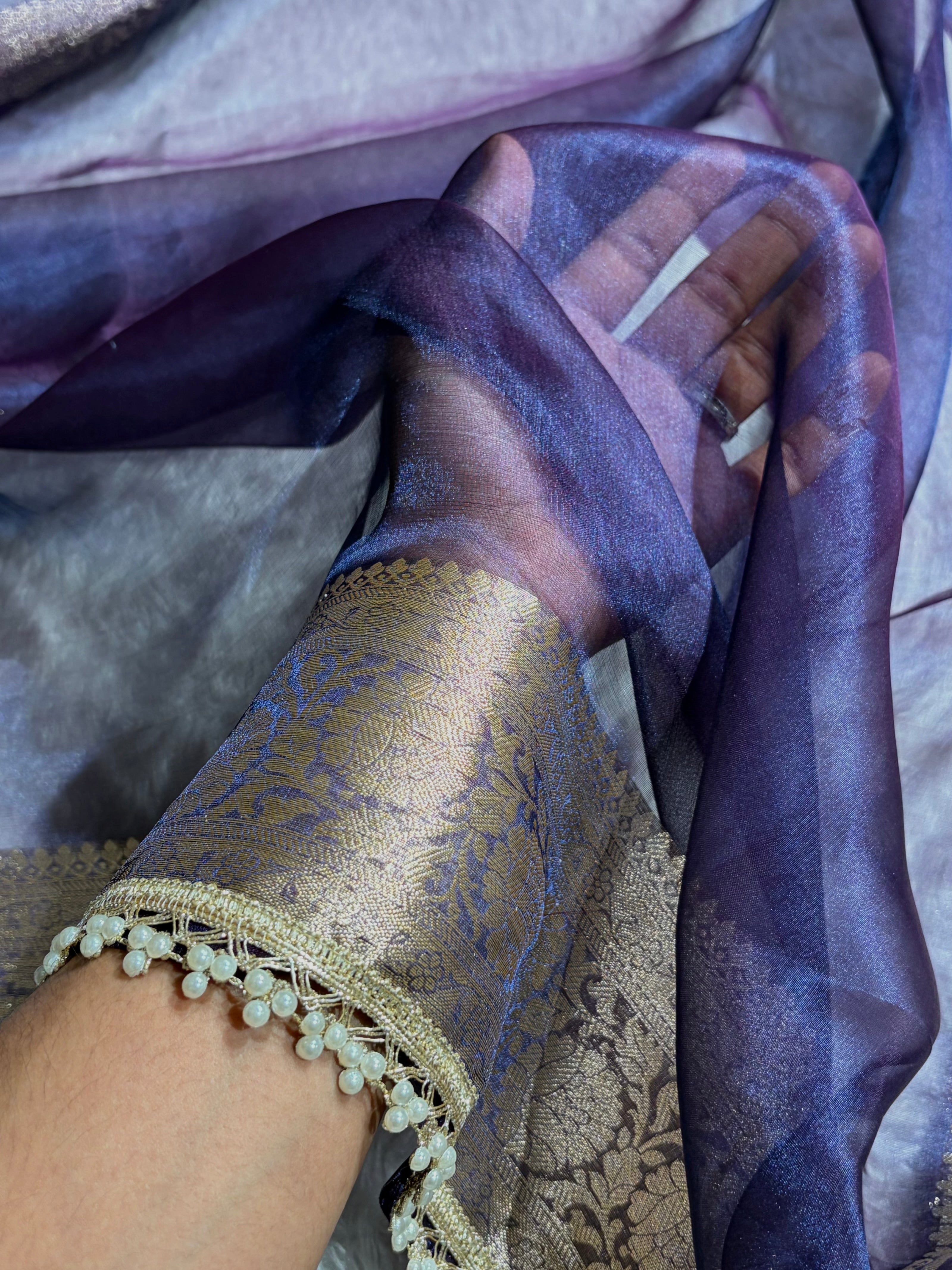 Purplish Navy Shade Pure Tissue Silk Saree with Brocade Blouse And Gotta Patti PTGP-18