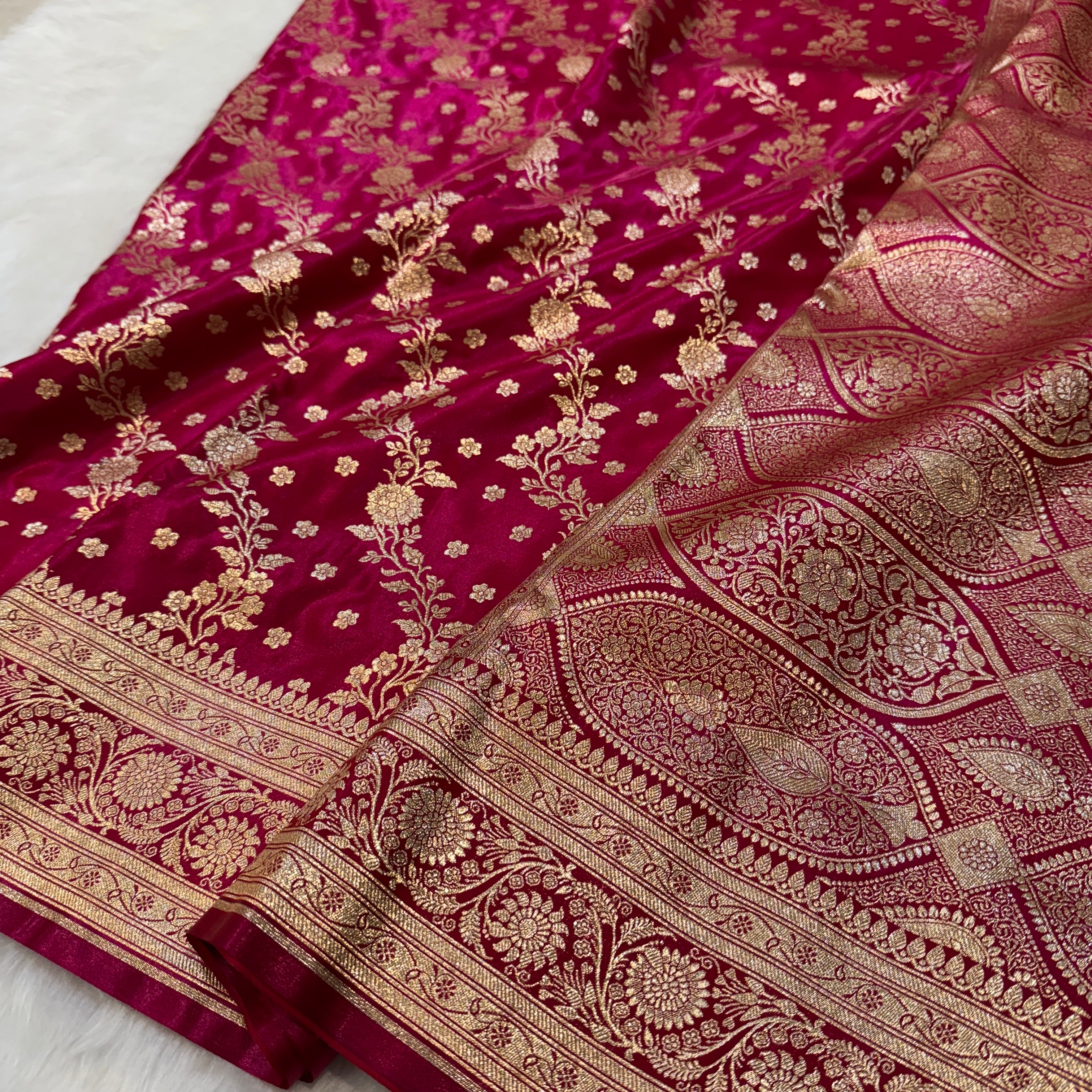 Rani Cross Pattern Satin Silk Banarasi Saree
