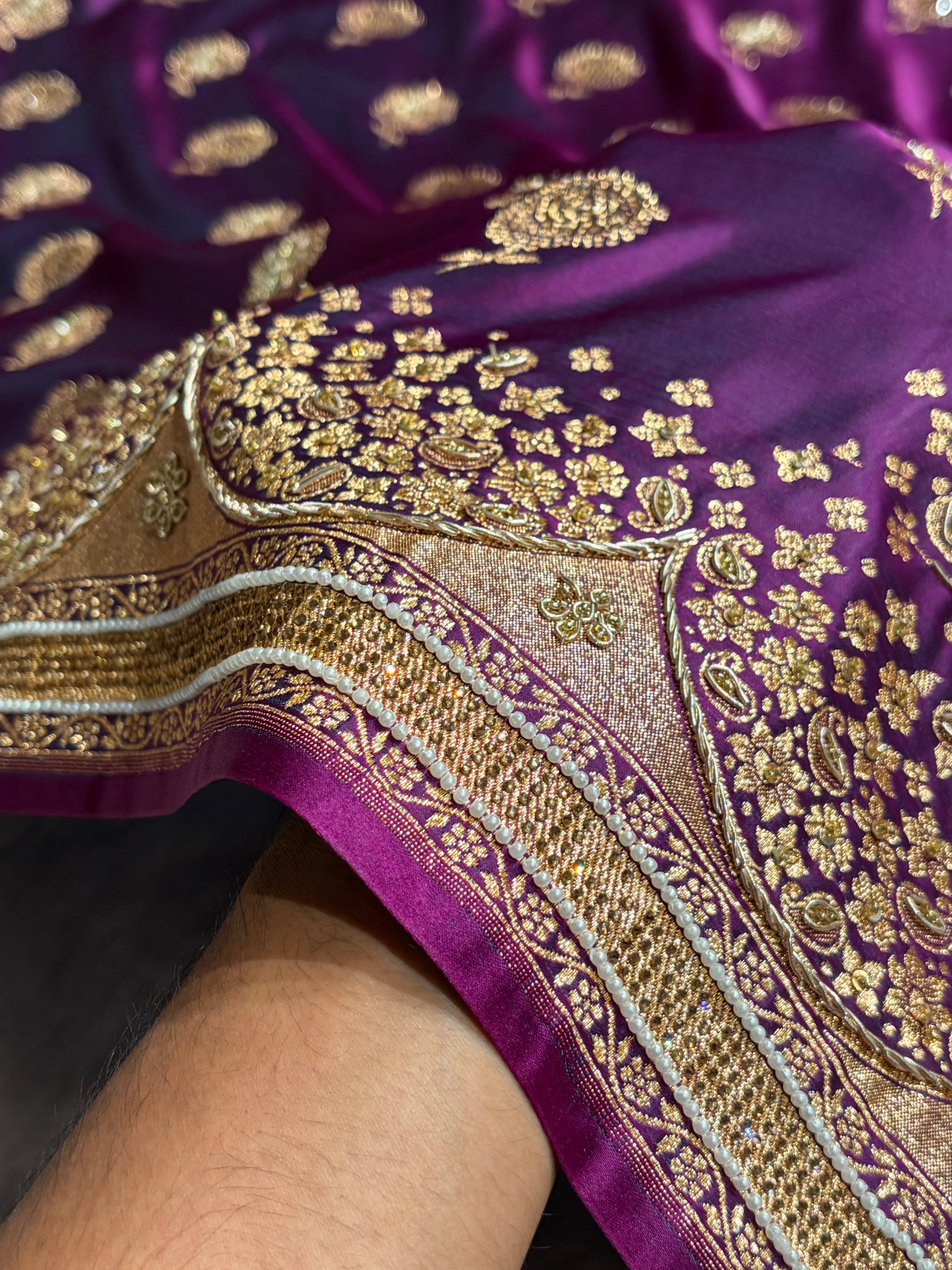 Banarasi Satin Katan Saree With Ari & Zardozi Work Boota in Wine Shades BSK111