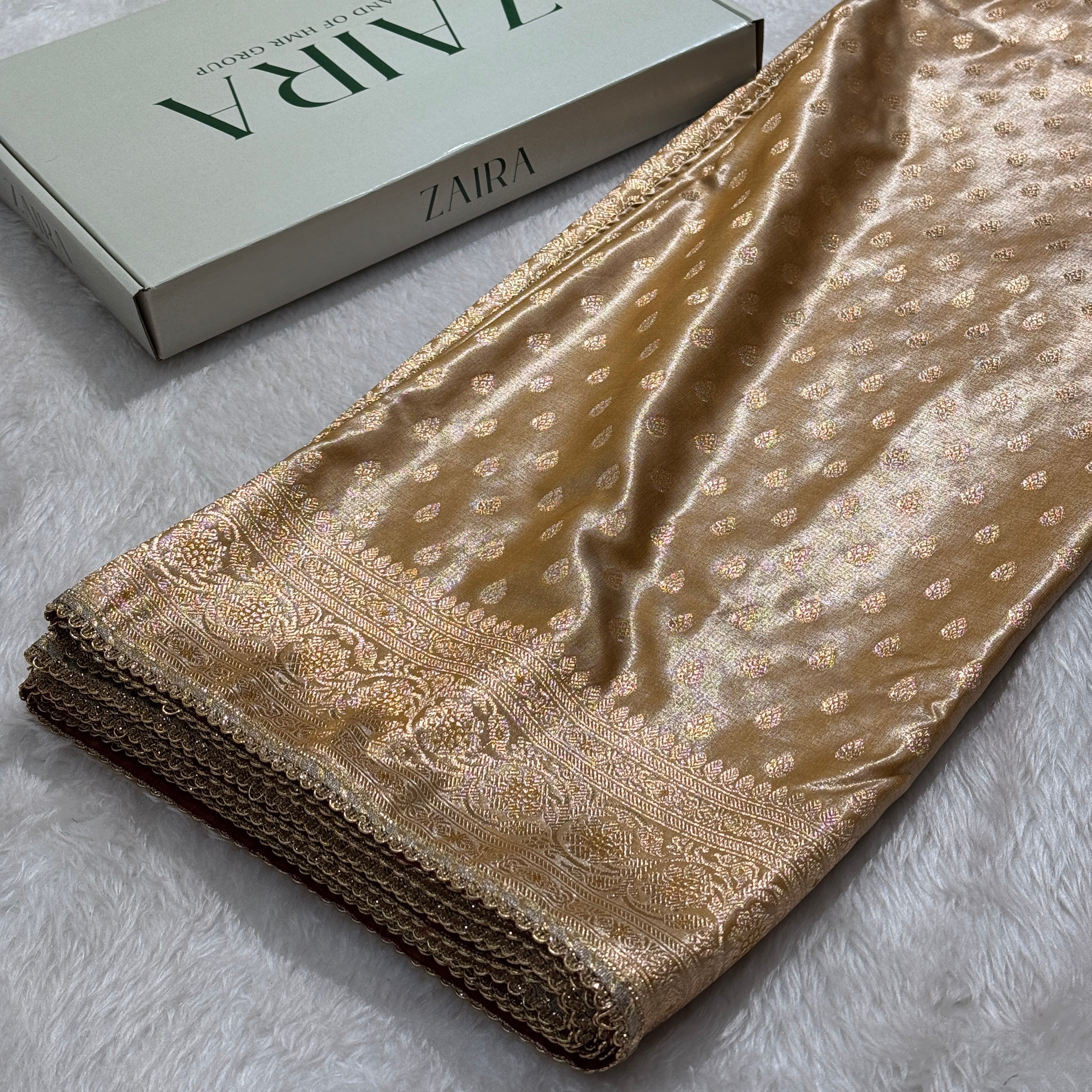 Beige Booti Satin Silk Saree with gotta patti SSGP01