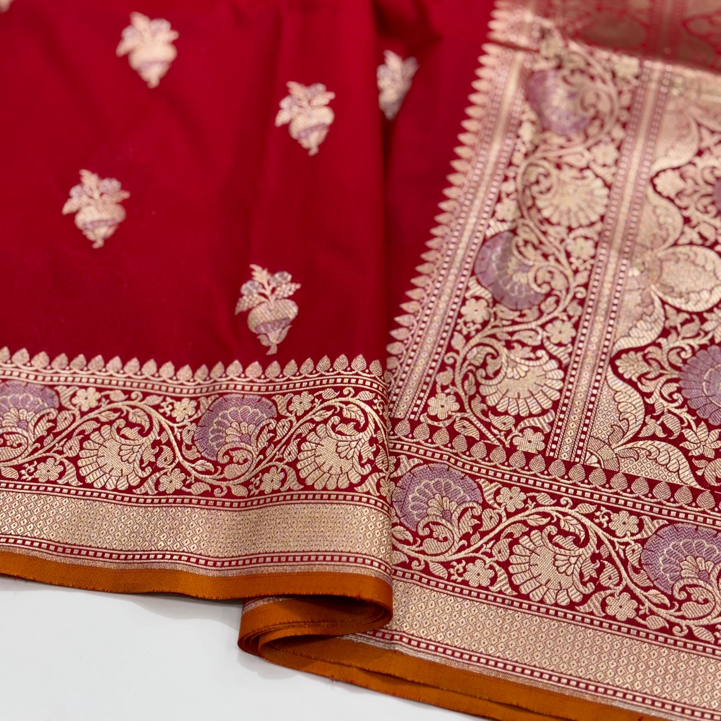 Red Sona Rupa boota Blended Katan Silk