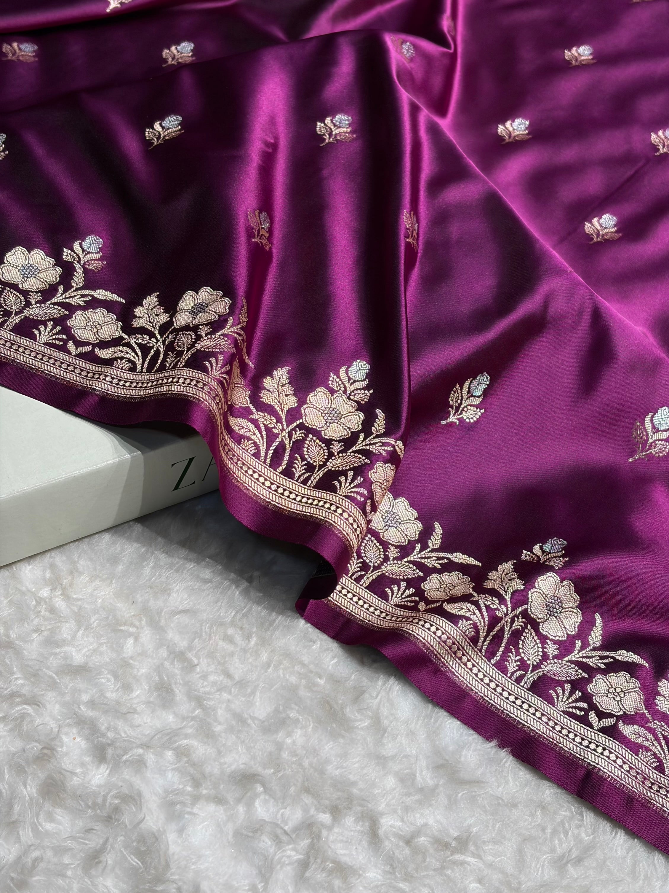 Banarasi Dark Wine Boota With Floral Border Mashru Silk Saree MSM-85