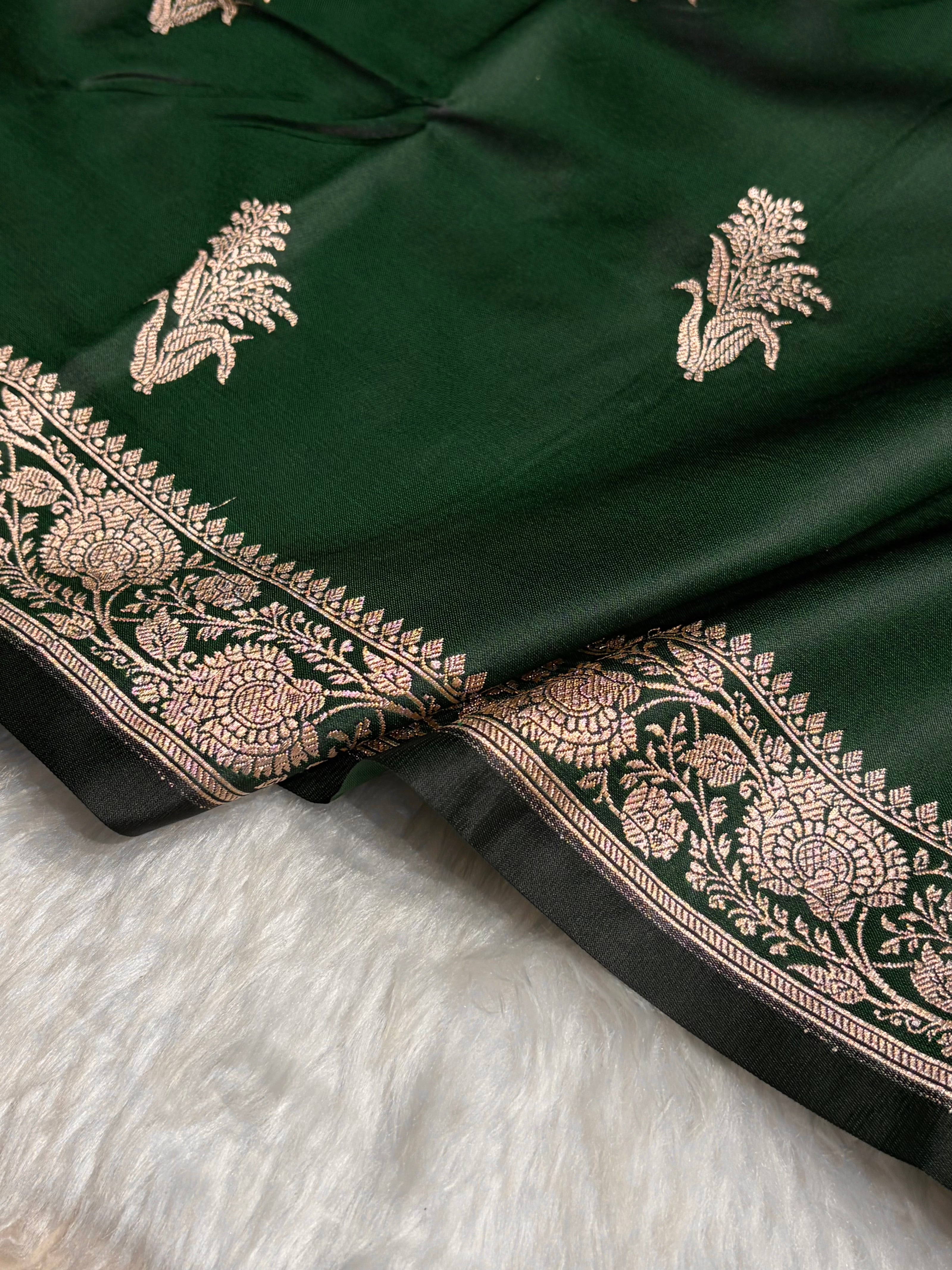 Dark Bottle Green Boota With Floral Border Mashru Silk Saree MSM-89