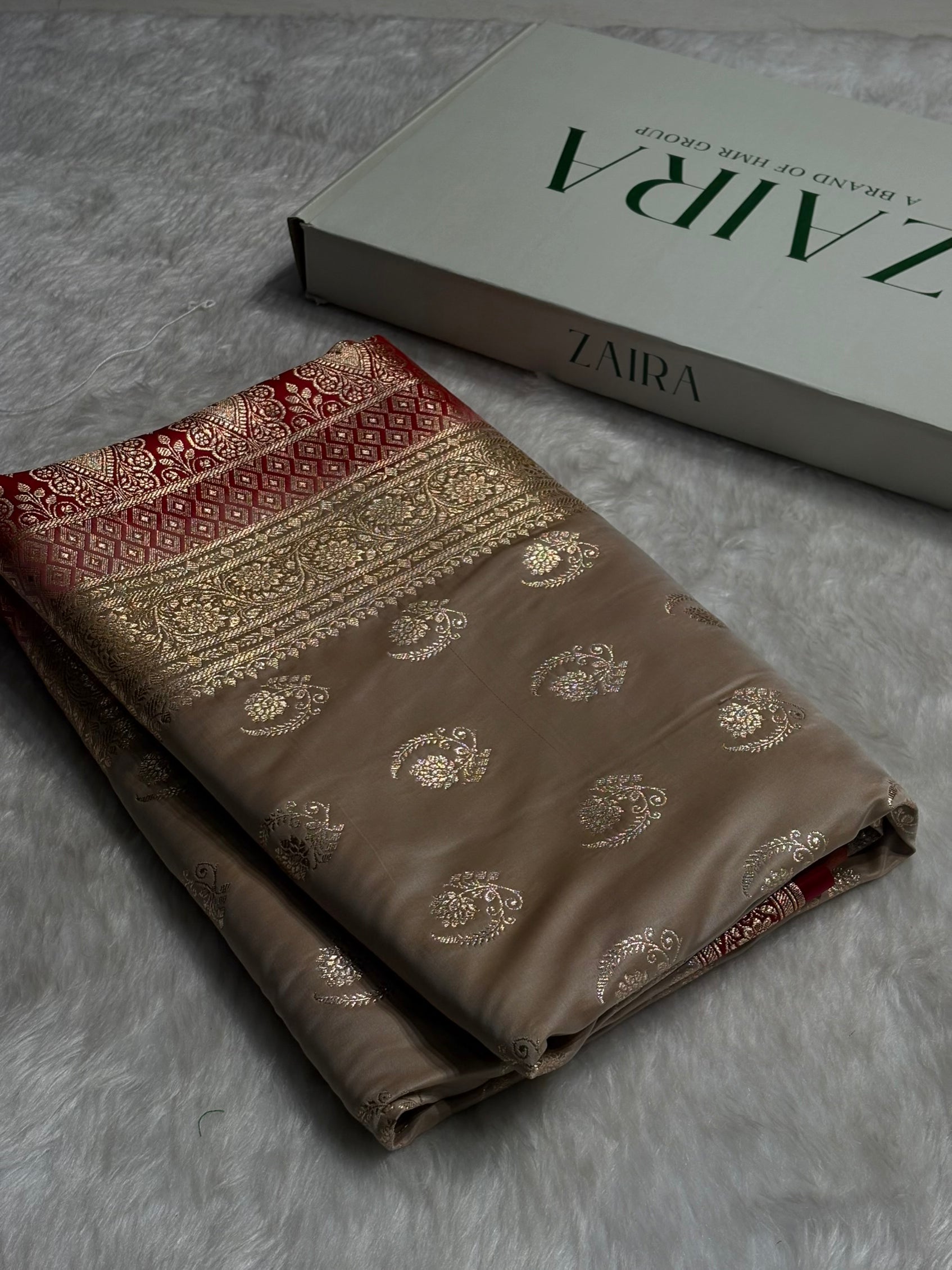 Pista with Red Floral Boota Satin Katan Silk saree SK27