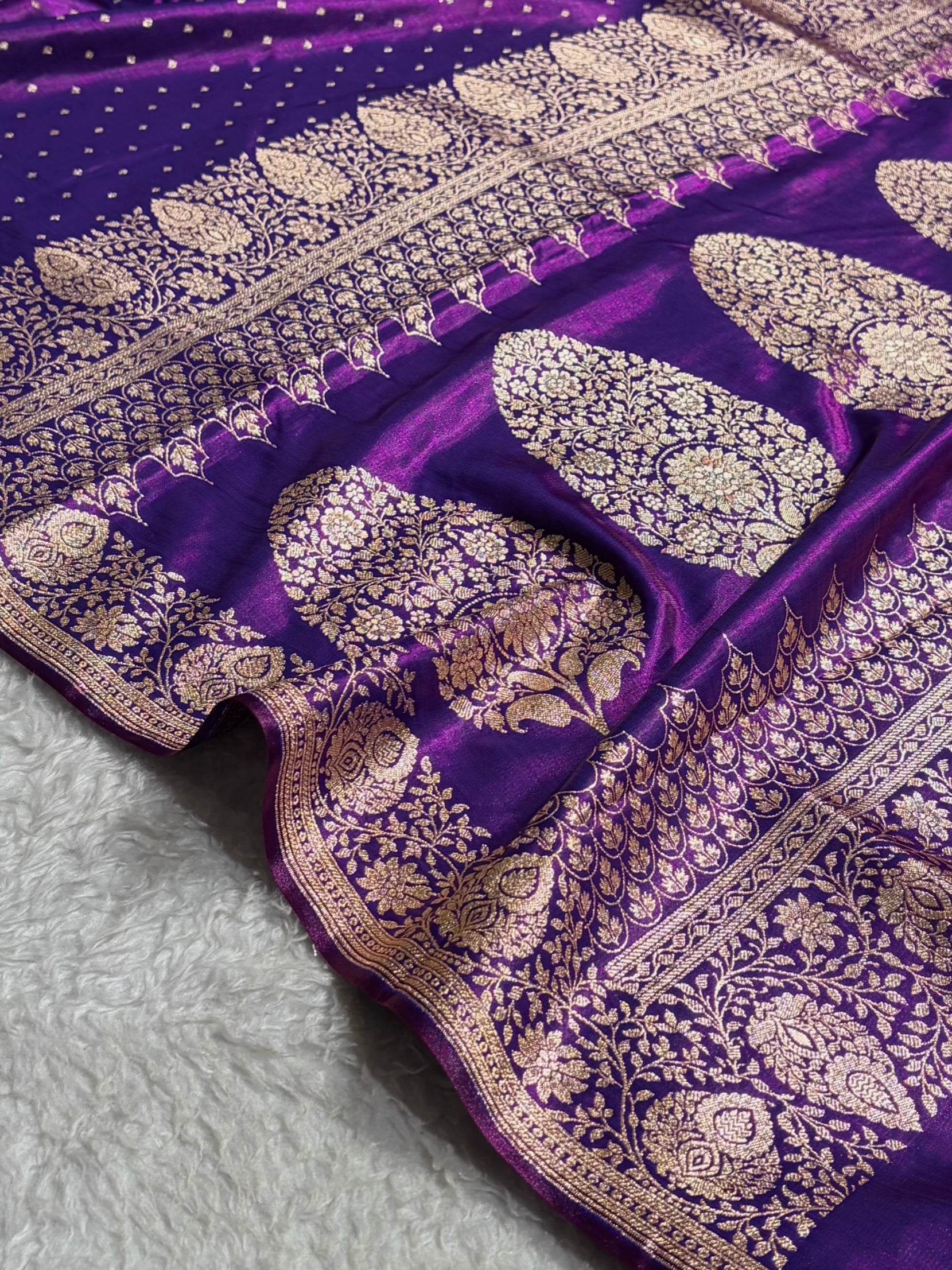Satin Silk Saree Floral Boota in Cross Purple Shades SS28