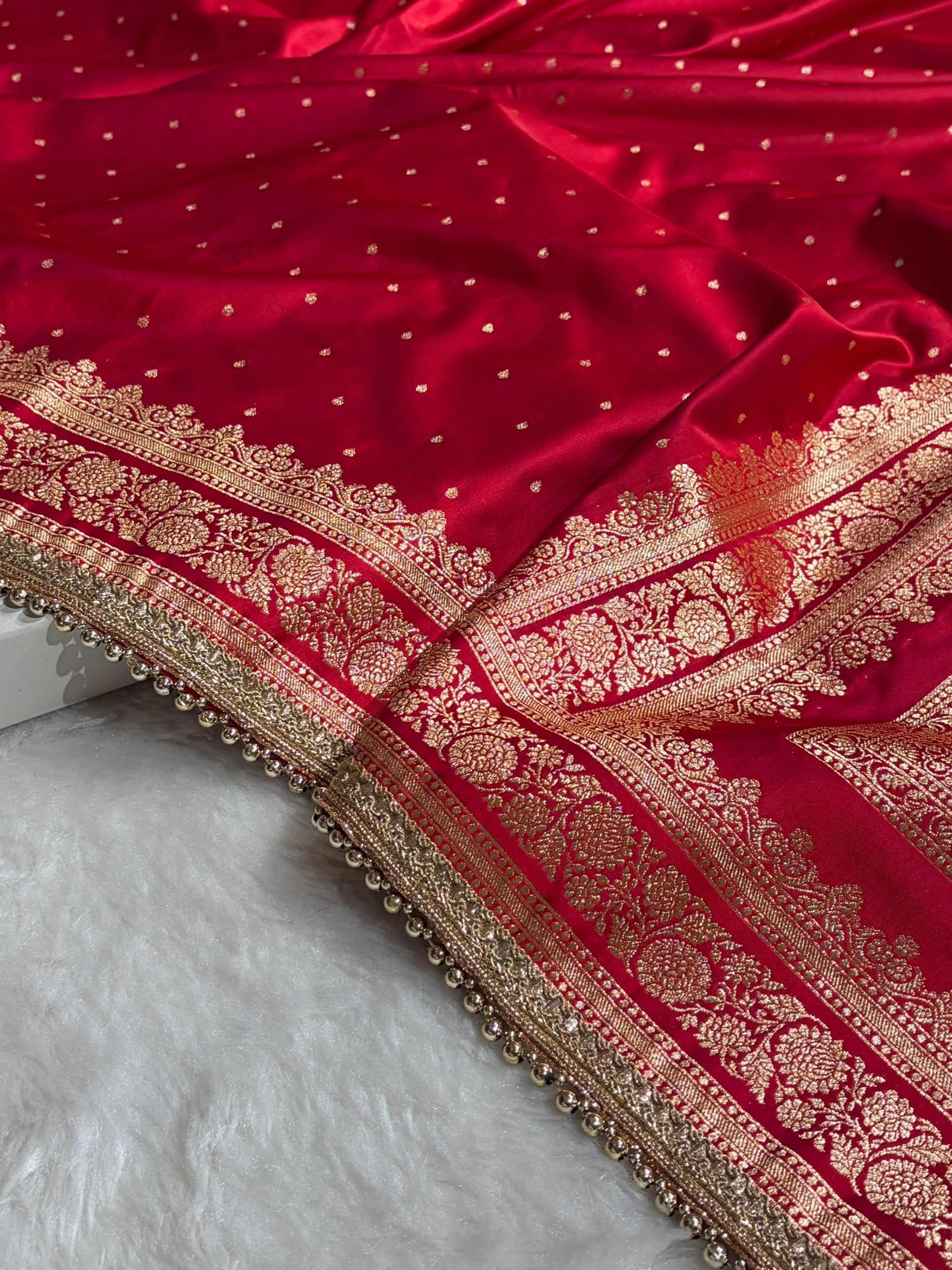 Banarasi Satin Katan Saree With Gotta Patti Work in Cross Red Shades SKGP91