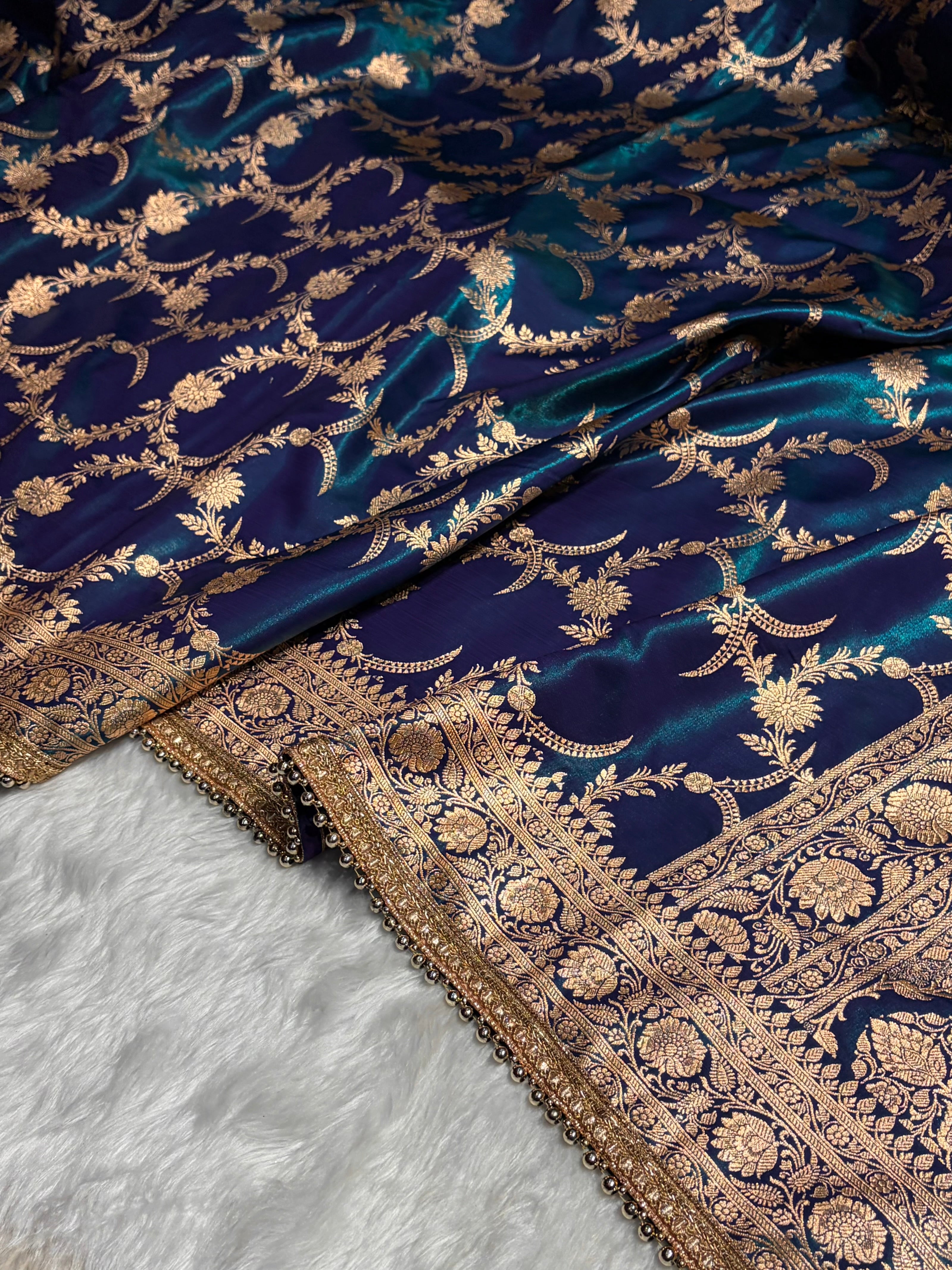 Satin Silk Banarasi Jaal In Peacock Shades With Gotta Patti SSGP18