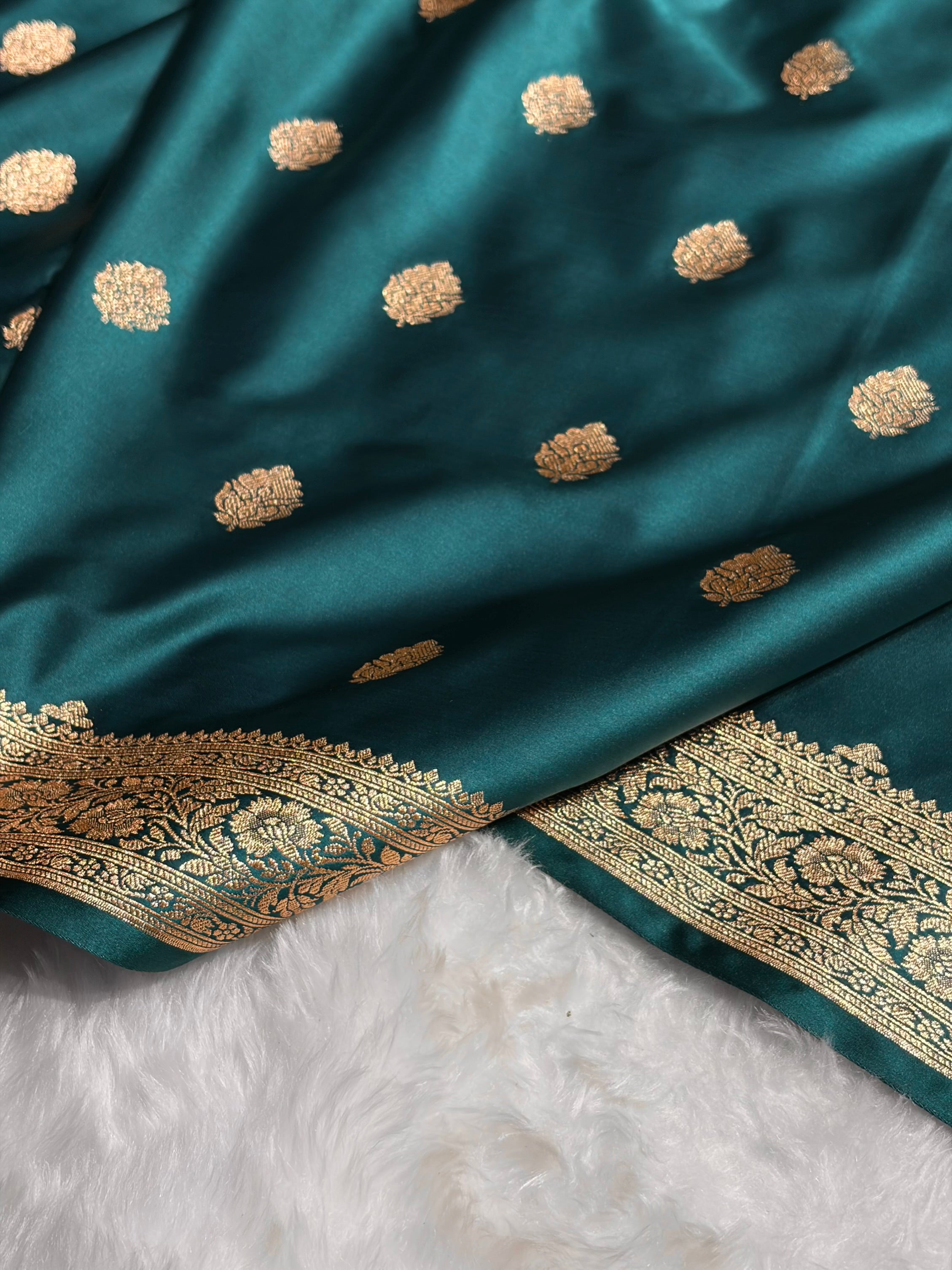 Dark Rama Booti Pattern Satin Katan Silk Saree SK65