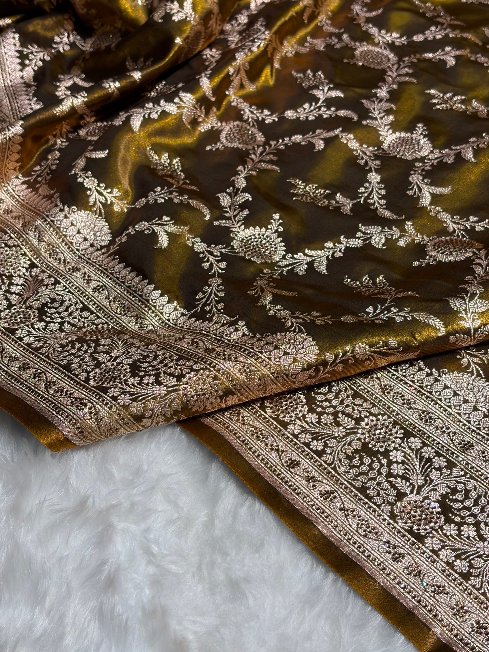 Light Weight Mehendi Satin Silk Saree with Swarovski work BSS14